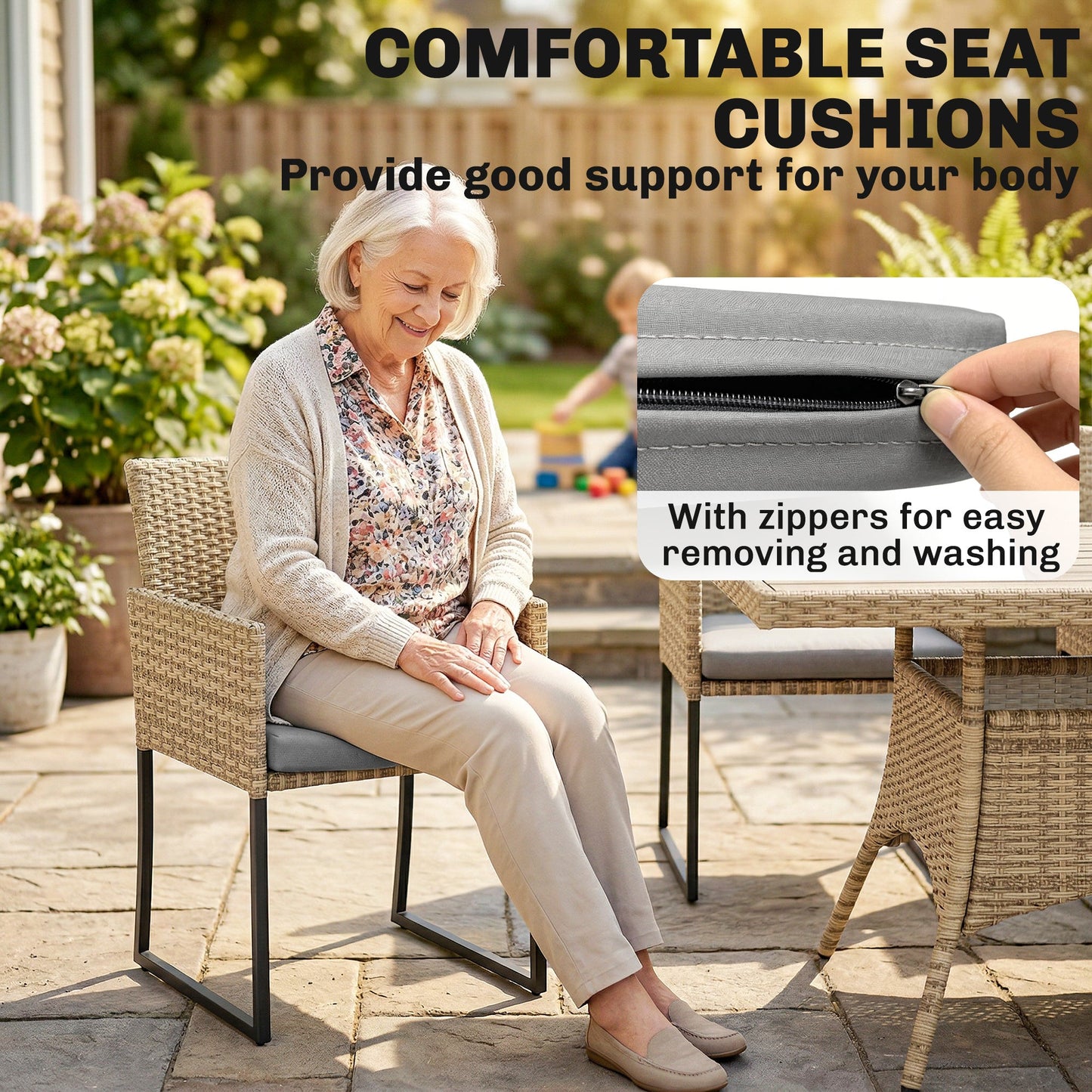 7 Piece Rattan Garden Furniture Set, Garden Dining Set with Wood-Plastic Table and 6 Stackable Chairs, Rattan Table and Chairs with 6 Cushions for Patio Terrace, Dark Grey