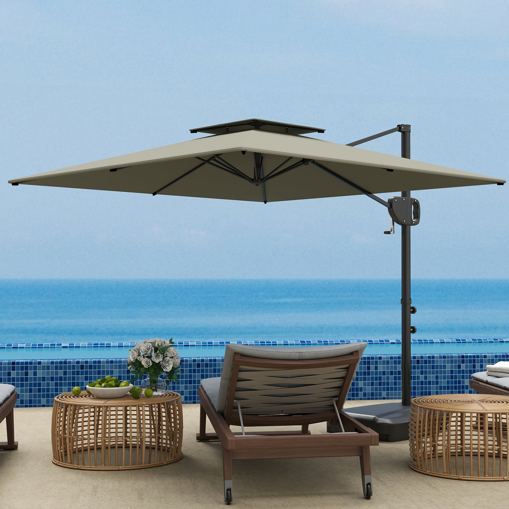 2.5m Garden Cantilever Parasol with Fillable Base, Up to 40kg, Double Top Garden Parasol, Square Overhanging Patio Umbrella with Crank Handle and Tilt for Outdoor Sun Shade, Light Grey