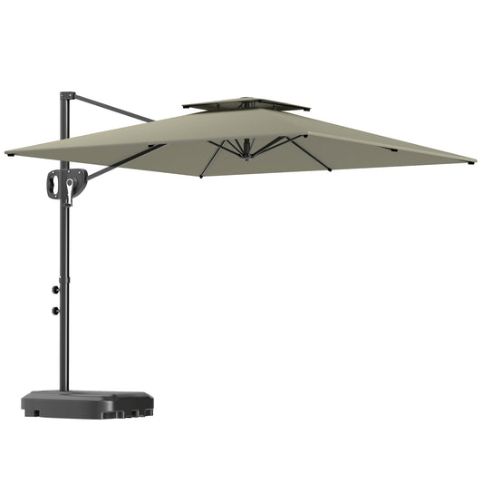 2.5m Garden Cantilever Parasol with Fillable Base, Up to 40kg, Double Top Garden Parasol, Square Overhanging Patio Umbrella with Crank Handle and Tilt for Outdoor Sun Shade, Light Grey