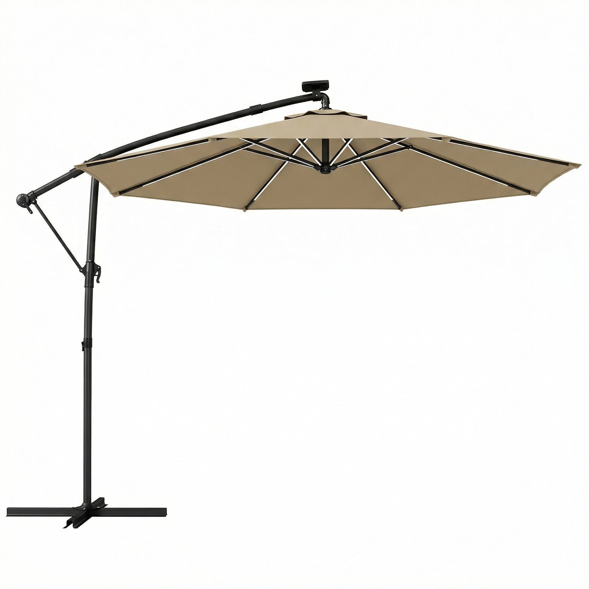 3 m Garden Cantilever Parasol with LED Solar Light, Round Overhanging Umbrella with 6-Position 360° Rotation, Crank Handle, Tilt, Cover, Banana Patio Umbrella for Outdoor Sun Shade, Khaki