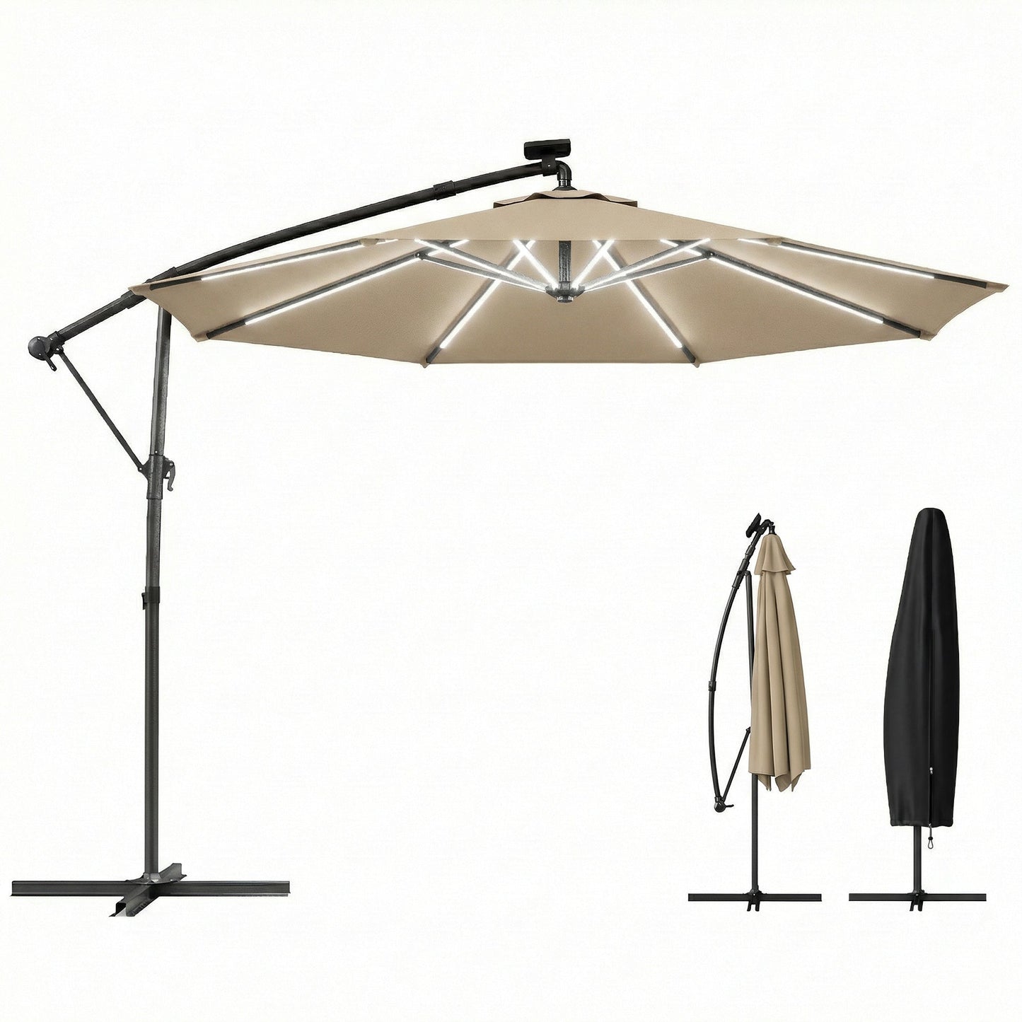 3 m Garden Cantilever Parasol with LED Solar Light, Round Overhanging Umbrella with 6-Position 360° Rotation, Crank Handle, Tilt, Cover, Banana Patio Umbrella for Outdoor Sun Shade, Khaki
