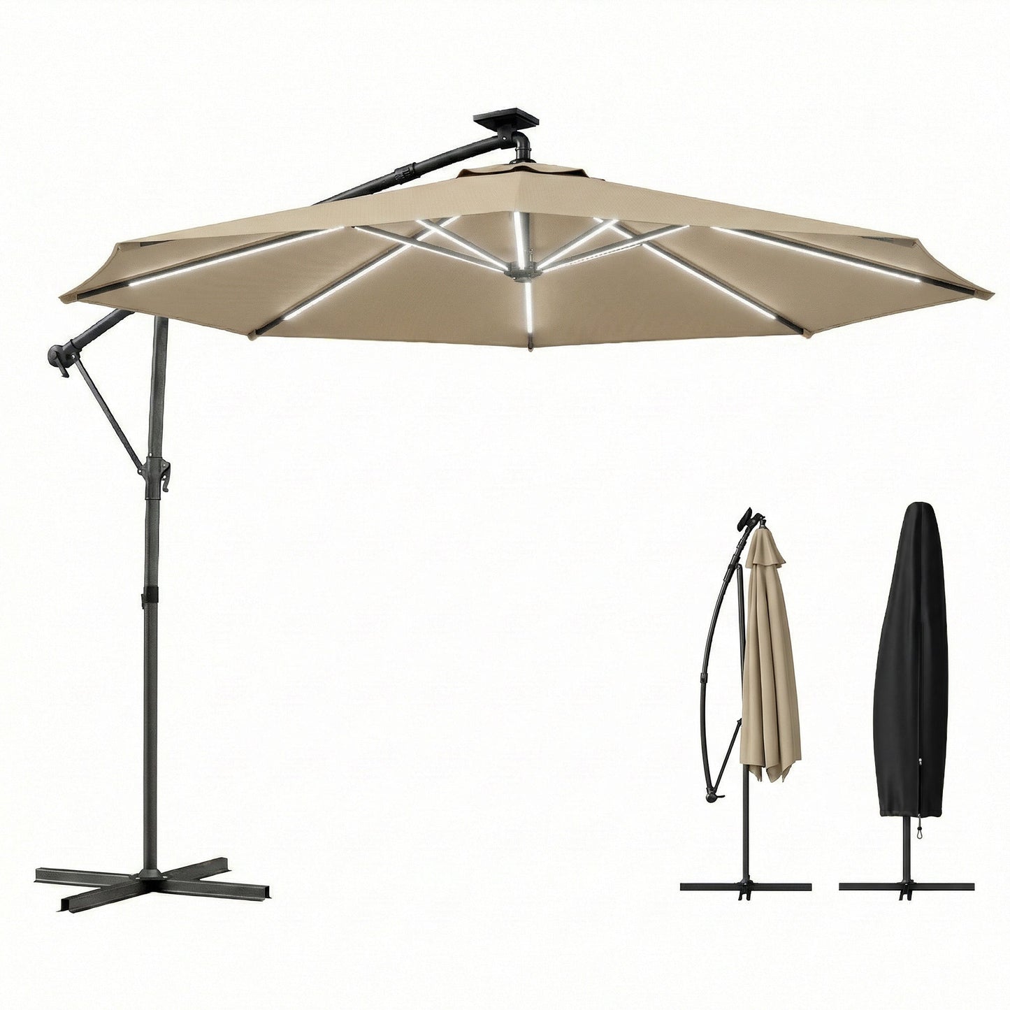 3 m Garden Cantilever Parasol with LED Solar Light, Round Overhanging Umbrella with 6-Position 360° Rotation, Crank Handle, Tilt, Cover, Banana Patio Umbrella for Outdoor Sun Shade, Khaki