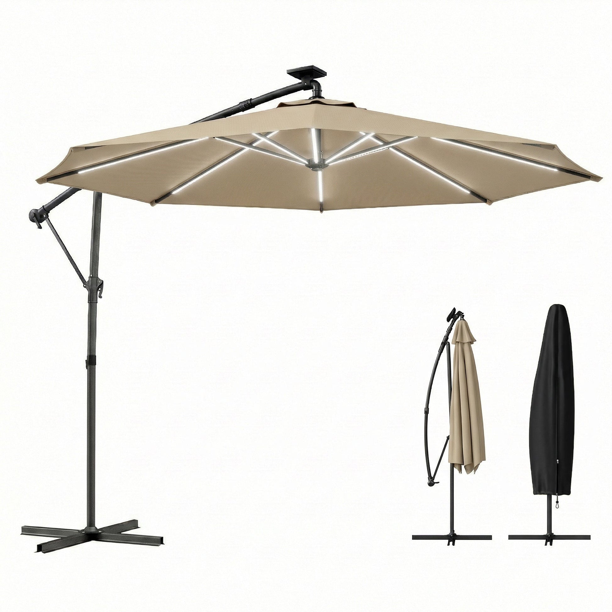 3 m Garden Cantilever Parasol with LED Solar Light, Round Overhanging Umbrella with 6-Position 360° Rotation, Crank Handle, Tilt, Cover, Banana Patio Umbrella for Outdoor Sun Shade, Khaki