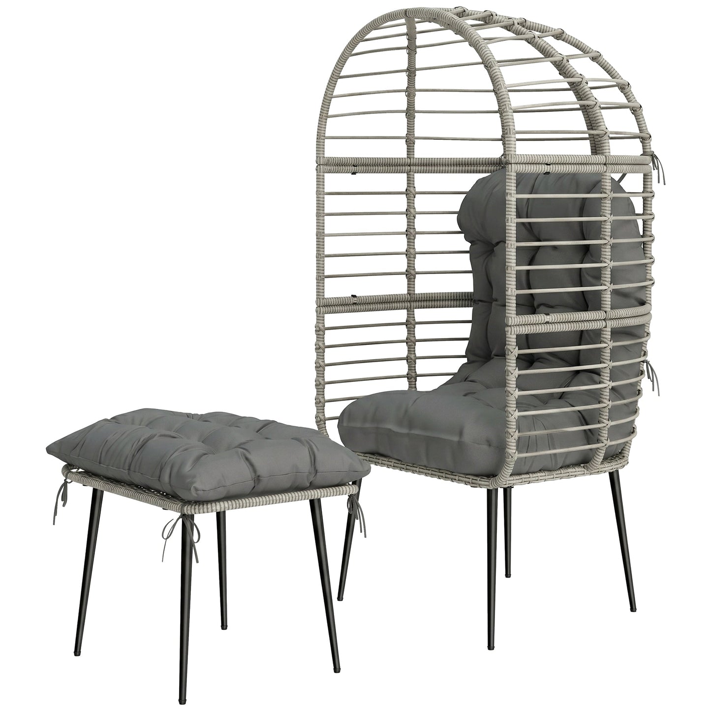 Standing Garden Egg Chair with Footstool, PE Rattan Outdoor Lounge Chair and Ottoman Set with Thick Cushions, Indoor Outdoor Egg Basket Seating for Patio Balcony Porch, Light Grey