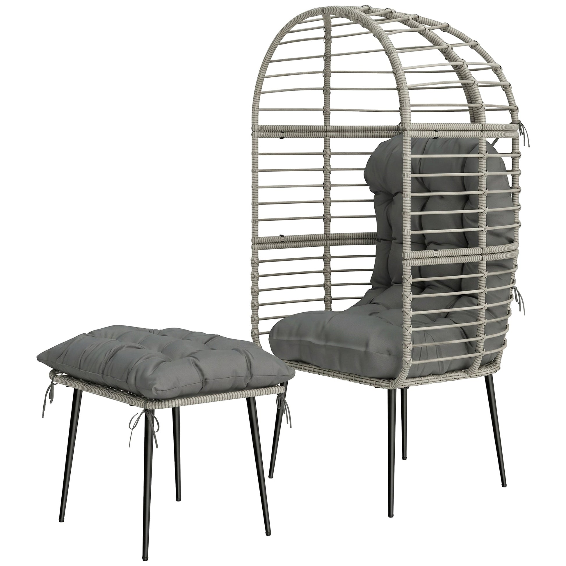 Standing Garden Egg Chair with Footstool, PE Rattan Outdoor Lounge Chair and Ottoman Set with Thick Cushions, Indoor Outdoor Egg Basket Seating for Patio Balcony Porch, Light Grey