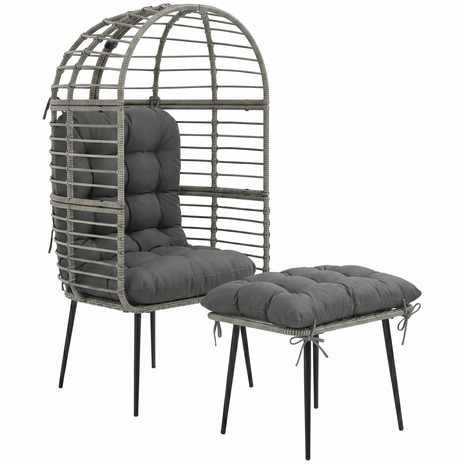 Standing Garden Egg Chair with Footstool, PE Rattan Outdoor Lounge Chair and Ottoman Set with Thick Cushions, Indoor Outdoor Egg Basket Seating for Patio Balcony Porch, Light Grey