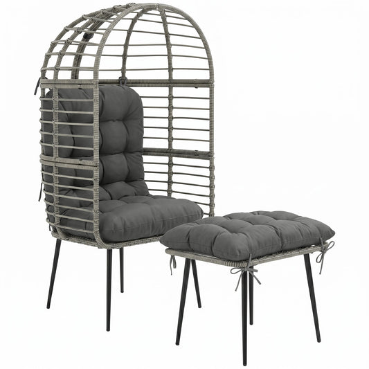 Standing Garden Egg Chair with Footstool, PE Rattan Outdoor Lounge Chair and Ottoman Set with Thick Cushions, Indoor Outdoor Egg Basket Seating for Patio Balcony Porch, Light Grey