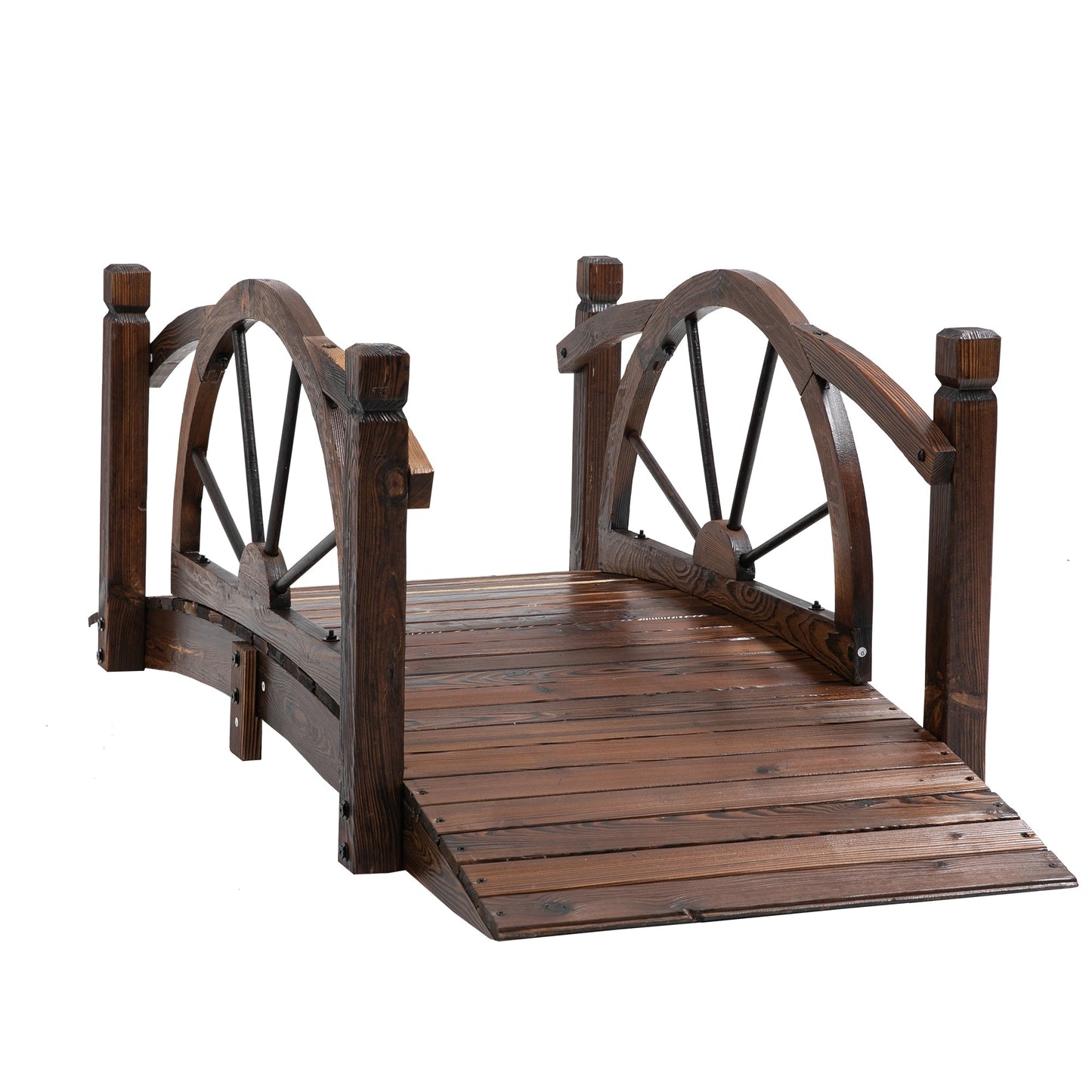 1.5M Wooden Garden Bridge Decorative Arc Footbridge with Safety Guardrail Outdoor Lawn Pond Bridge Walkway Stained Wood