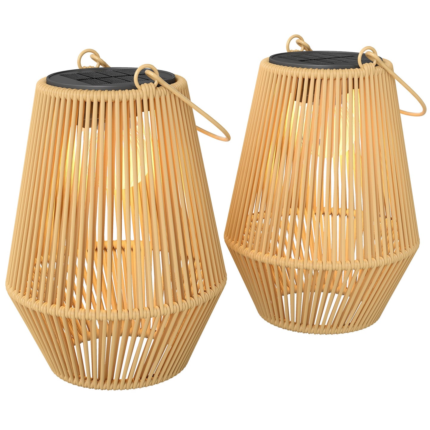 Hanging Solar Lights Outdoor Garden Lanterns, 2 Pack Rattan Solar Lights with Auto On/Off, Decorative Rattan Table Lamp with Handle, IP44 for Patio, Pathway, Terrace, Tree, Brown