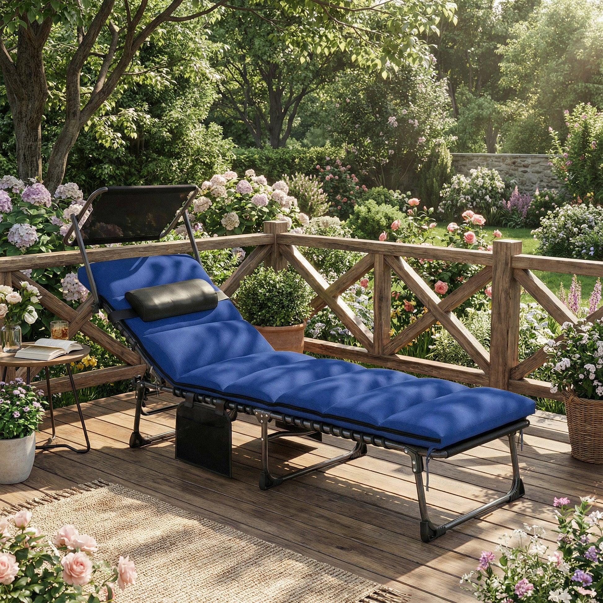 Folding Sun Lounger with Canopy, 5-Position Reclining Garden Lounger, Side Pocket, Headrest, Cushion, Portable Recliner Sunbed with Carry Handle for Camping Beach Patio, Dark Blue