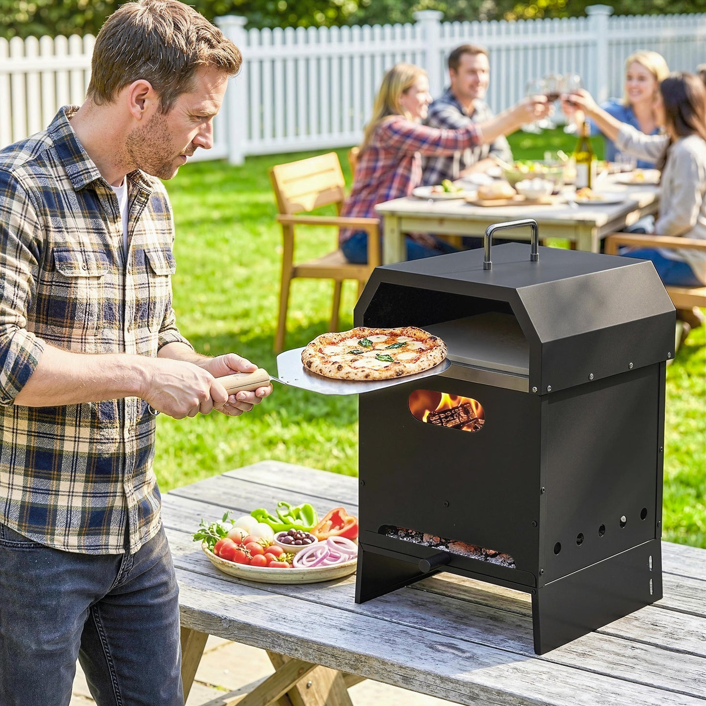 3 in 1 Outdoor Pizza Oven, Portable Wood Fired Pizza Maker with Handles, Stone and Peel, Charcoal BBQ Grill for Garden, Party, Camping, Picnic