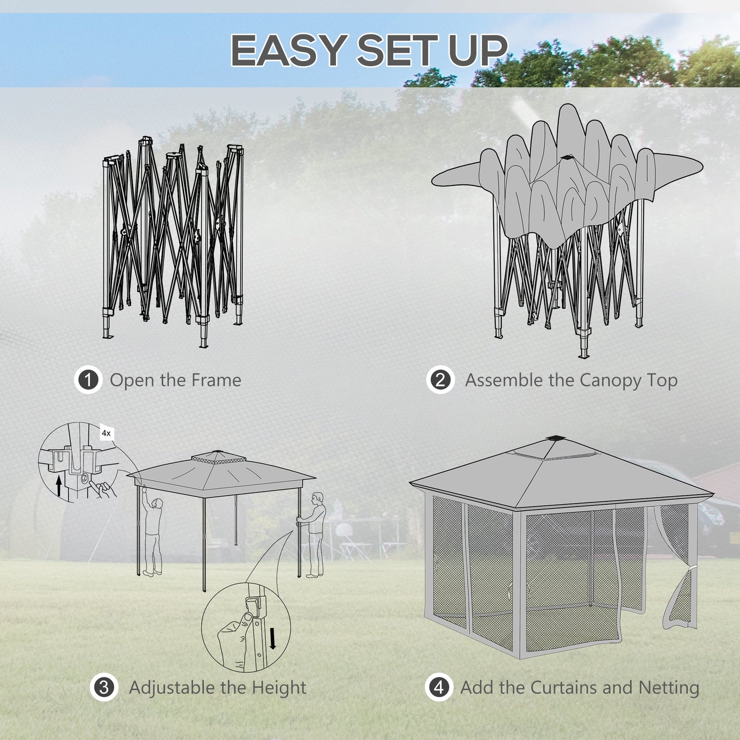 3 x 3(m) Pop Up Gazebo with Sides, 20 Solar-Powered LED Lights, Netting, Roller Bag, 4 Weight Bags, Marquee Party Tent, Height Adjustable Instant Event Shelter, Khaki