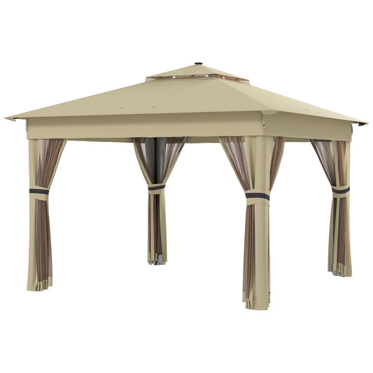 3 x 3(m) Pop Up Gazebo with Sides, 20 Solar-Powered LED Lights, Netting, Roller Bag, 4 Weight Bags, Marquee Party Tent, Height Adjustable Instant Event Shelter, Khaki
