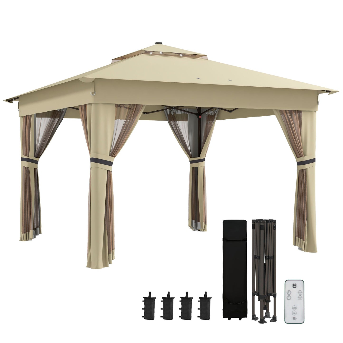 3 x 3(m) Pop Up Gazebo with Sides, 20 Solar-Powered LED Lights, Netting, Roller Bag, 4 Weight Bags, Marquee Party Tent, Height Adjustable Instant Event Shelter, Khaki