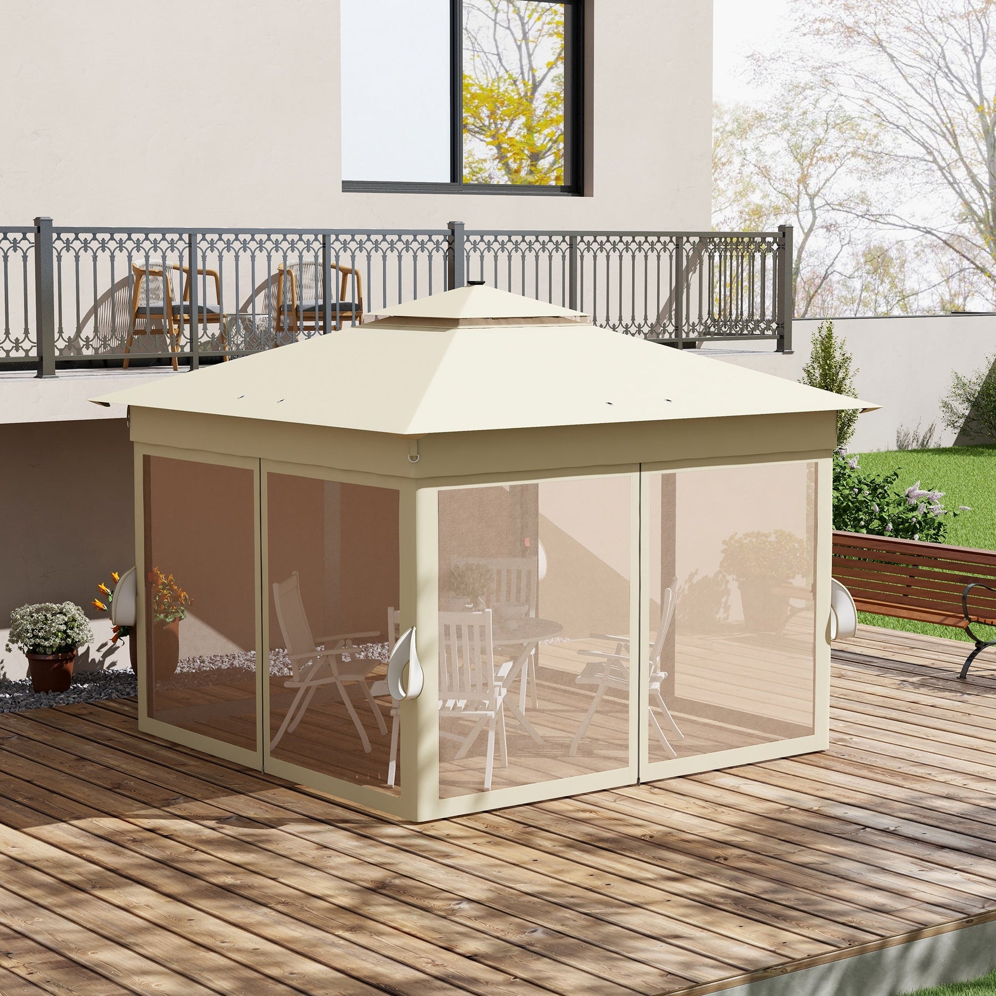 3 x 3(m) Pop Up Gazebo with Sides, 20 Solar-Powered LED Lights, Netting, Roller Bag, 4 Weight Bags, Marquee Party Tent, Height Adjustable Instant Event Shelter, Khaki