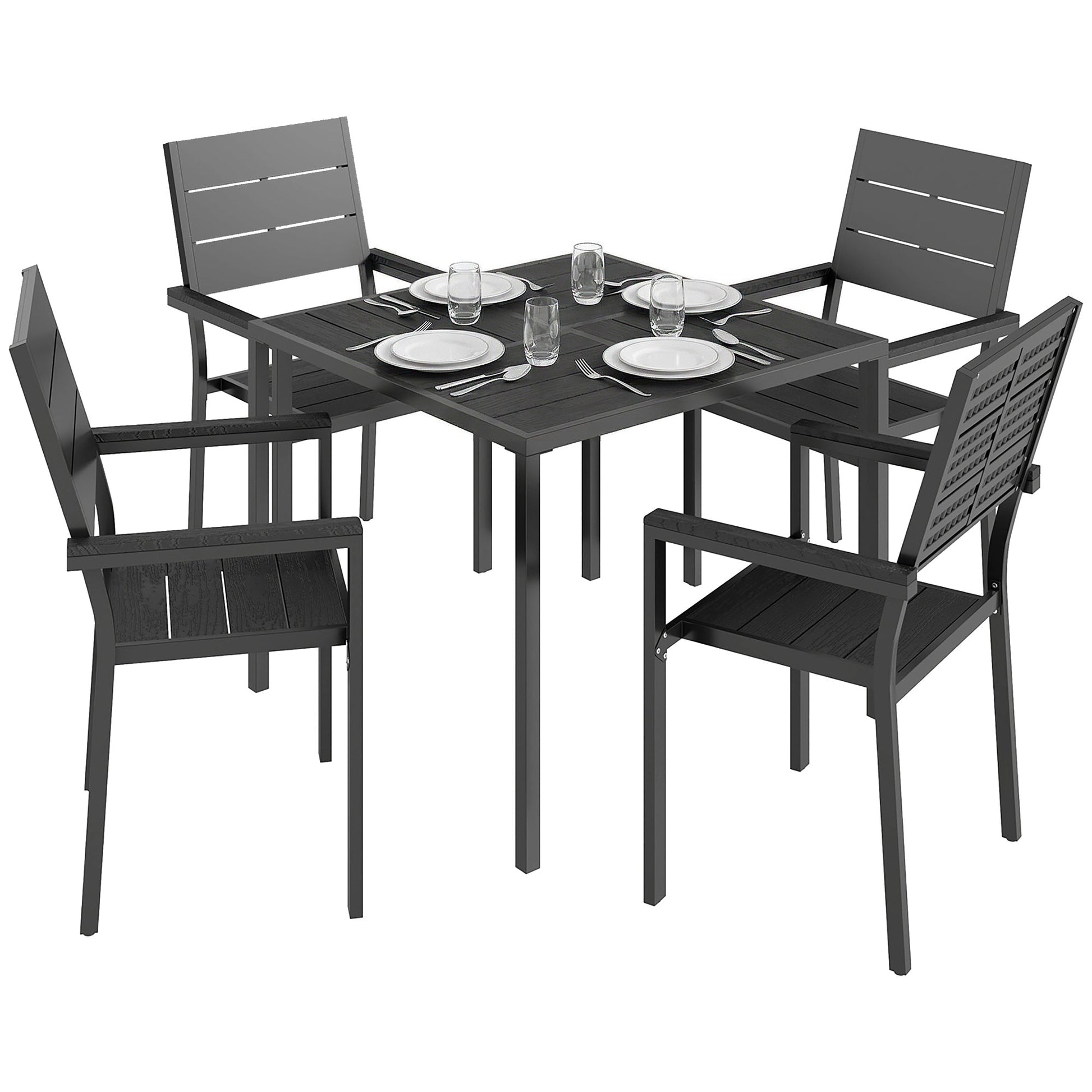 5 Pieces Garden Dining Set, Garden Table and Chairs Set for 4 with Square HDPE Table and Chairs with Armrests, Outdoor Furniture for Patio Porch Terrace, Black