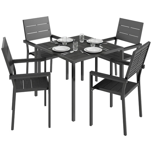5 Pieces Garden Dining Set, Garden Table and Chairs Set for 4 with Square HDPE Table and Chairs with Armrests, Outdoor Furniture for Patio Porch Terrace, Black