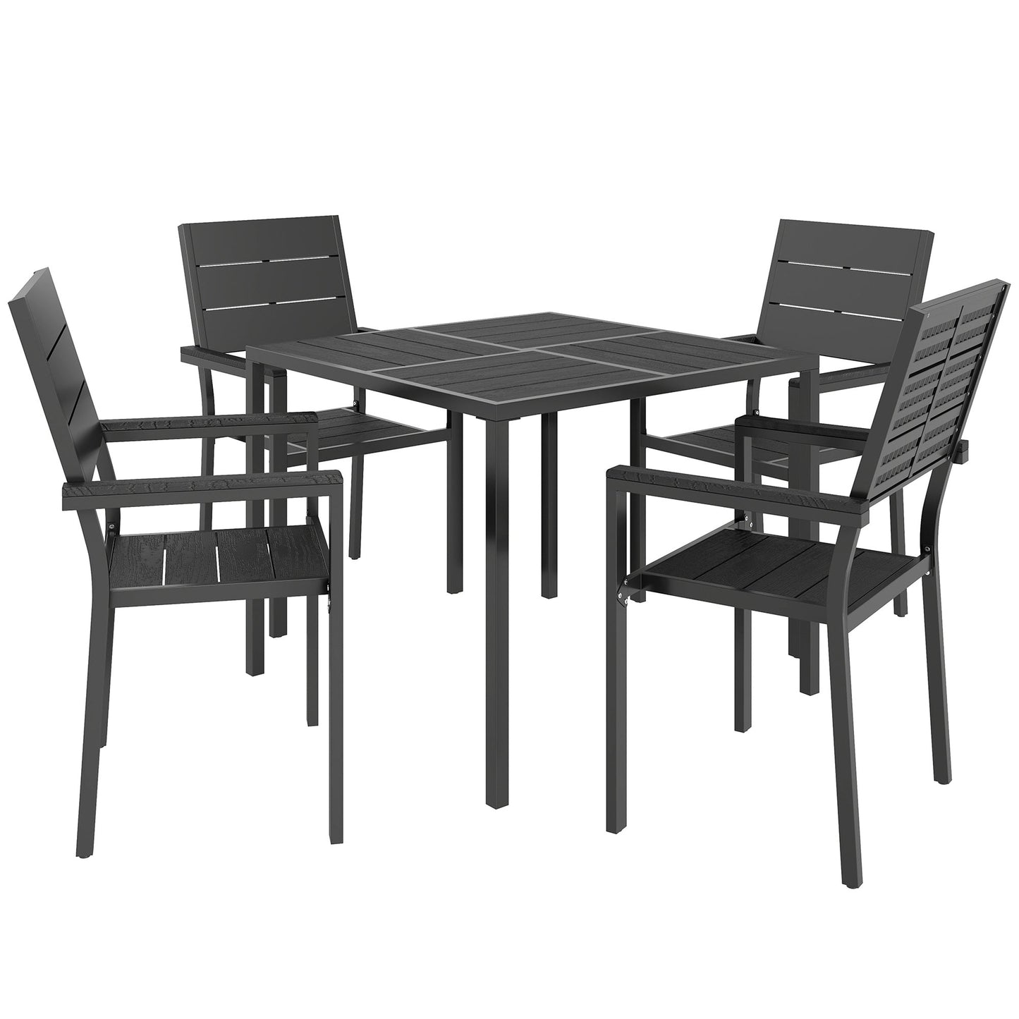 5 Pieces Garden Dining Set, Garden Table and Chairs Set for 4 with Square HDPE Table and Chairs with Armrests, Outdoor Furniture for Patio Porch Terrace, Black