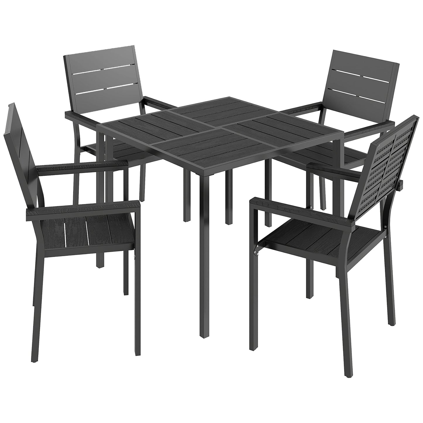 5 Pieces Garden Dining Set, Garden Table and Chairs Set for 4 with Square HDPE Table and Chairs with Armrests, Outdoor Furniture for Patio Porch Terrace, Black