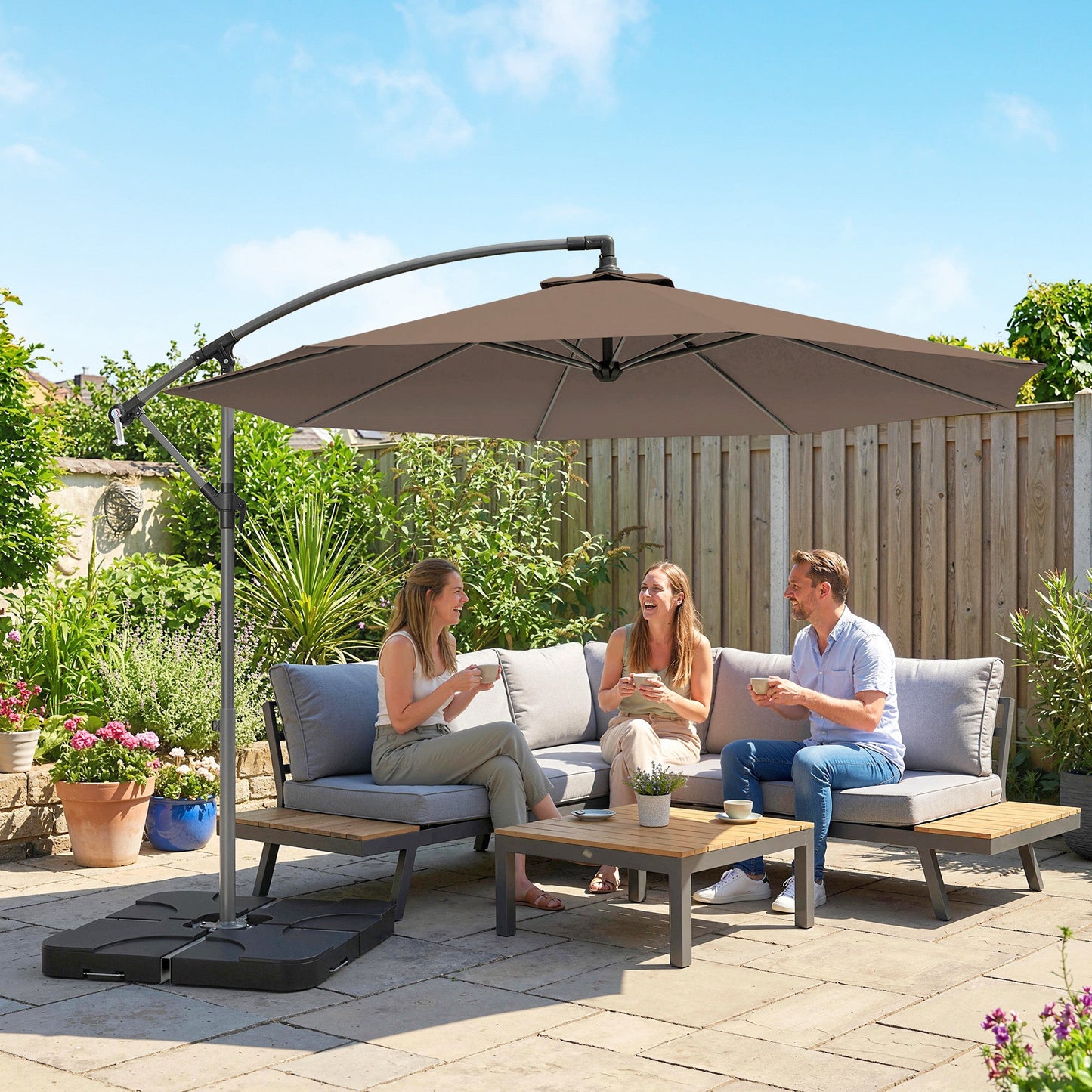 3 m Cantilever Parasol with Umbrella Weights, Cross Base, Offset Outdoor Umbrella with Protective Cover, Crank Handle, Hanging Sun Shade, Coffee
