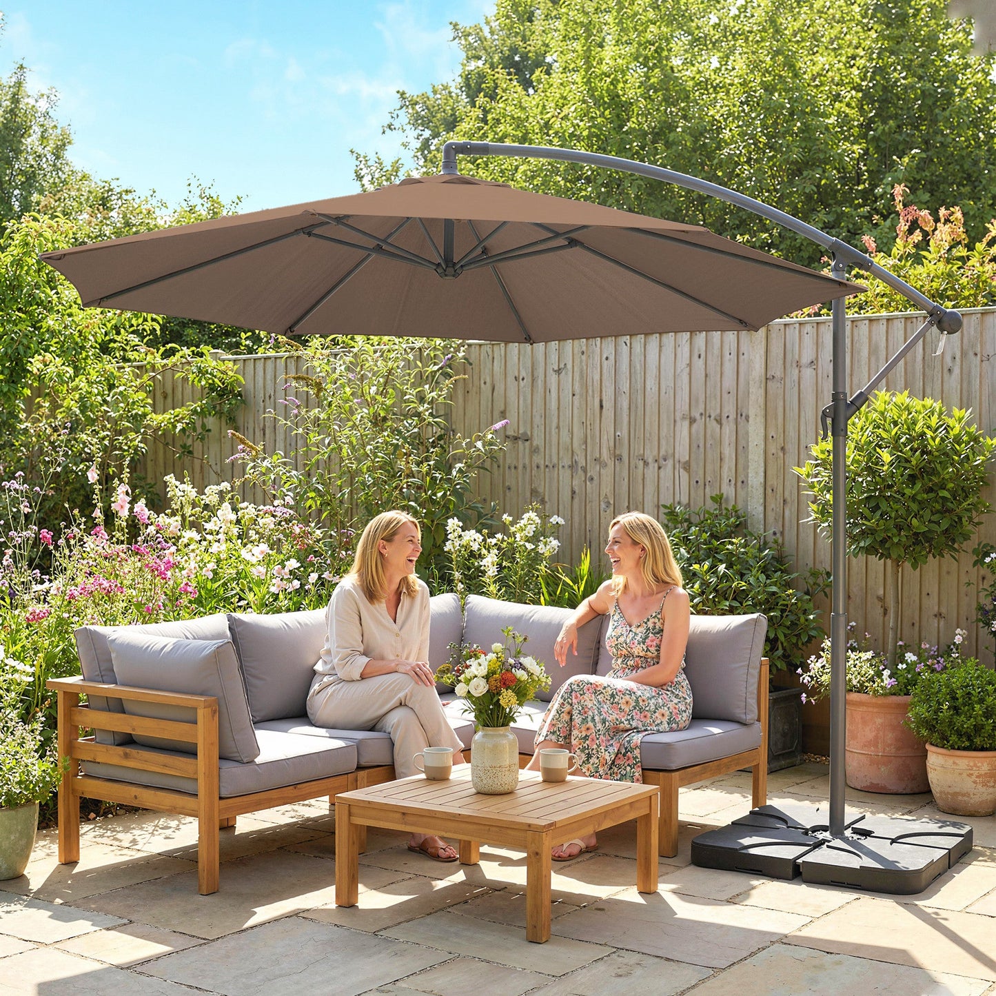 3 m Cantilever Parasol with Umbrella Weights, Cross Base, Offset Outdoor Umbrella with Protective Cover, Crank Handle, Hanging Sun Shade, Coffee