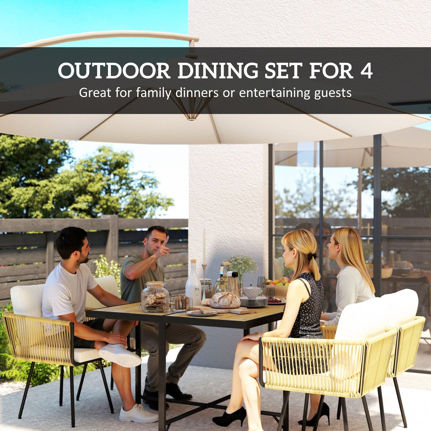 5 Piece Rattan Garden Furniture Set, Garden Dining Set with Wood-Plastic Table and 4 Stackable Chairs, Rattan Table and Chairs with 4 Cushions for Patio, Terrace, Beige