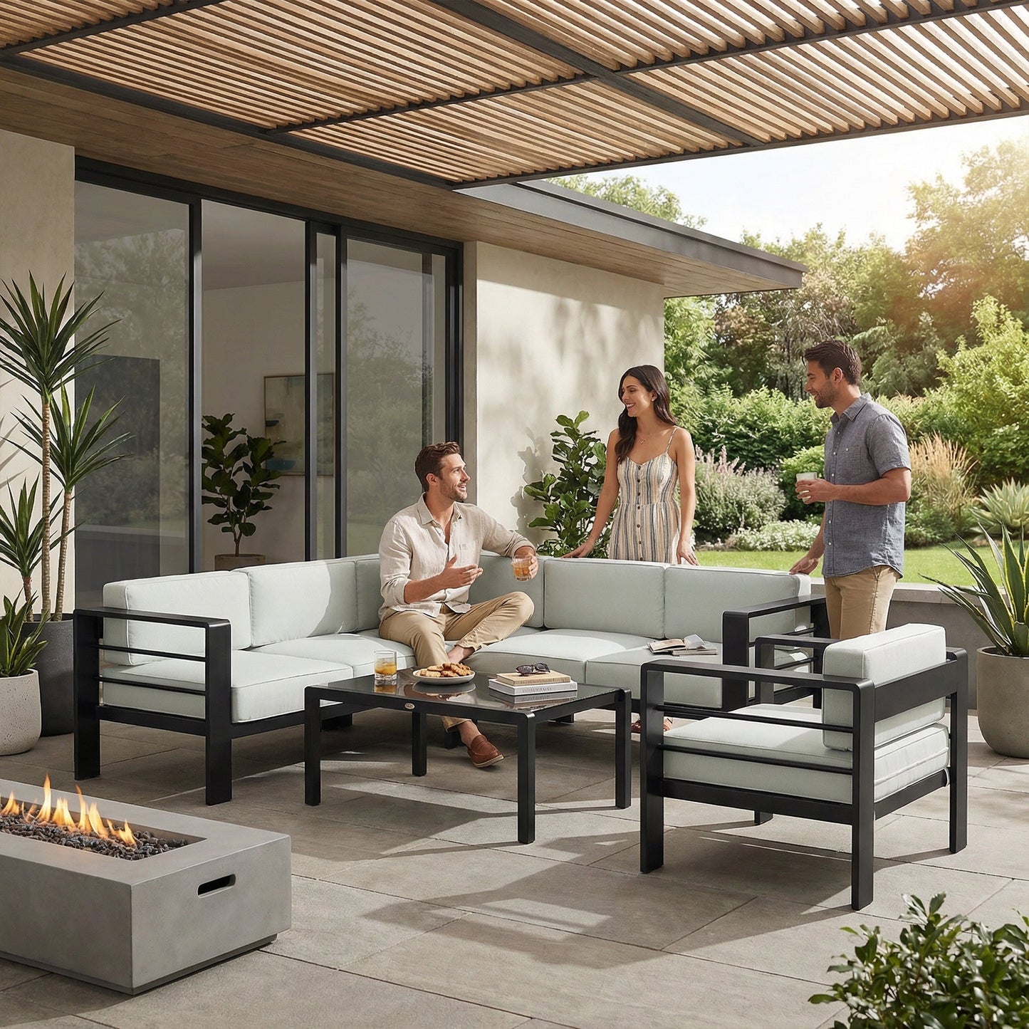 5-Piece Garden Corner Sofa Set with Cushions, 6 Seater Aluminium Garden Furniture Set with Glass Top Coffee Table, Patio Sectional Conservatory Furniture for Patio & Terrace, Light Grey