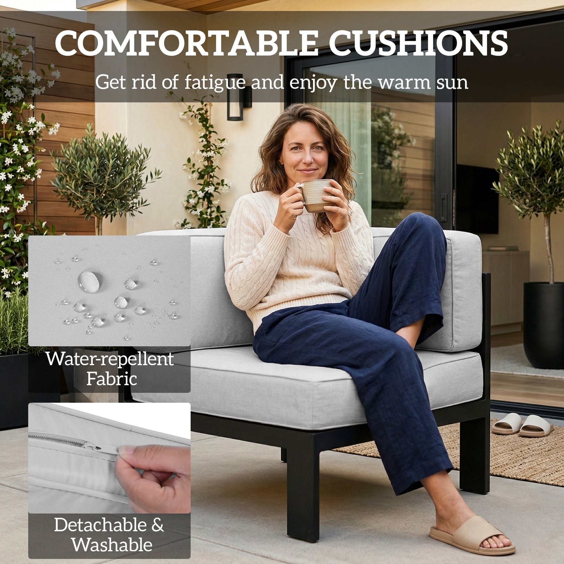 5-Piece Garden Corner Sofa Set with Cushions, 6 Seater Aluminium Garden Furniture Set with Glass Top Coffee Table, Patio Sectional Conservatory Furniture for Patio & Terrace, Light Grey