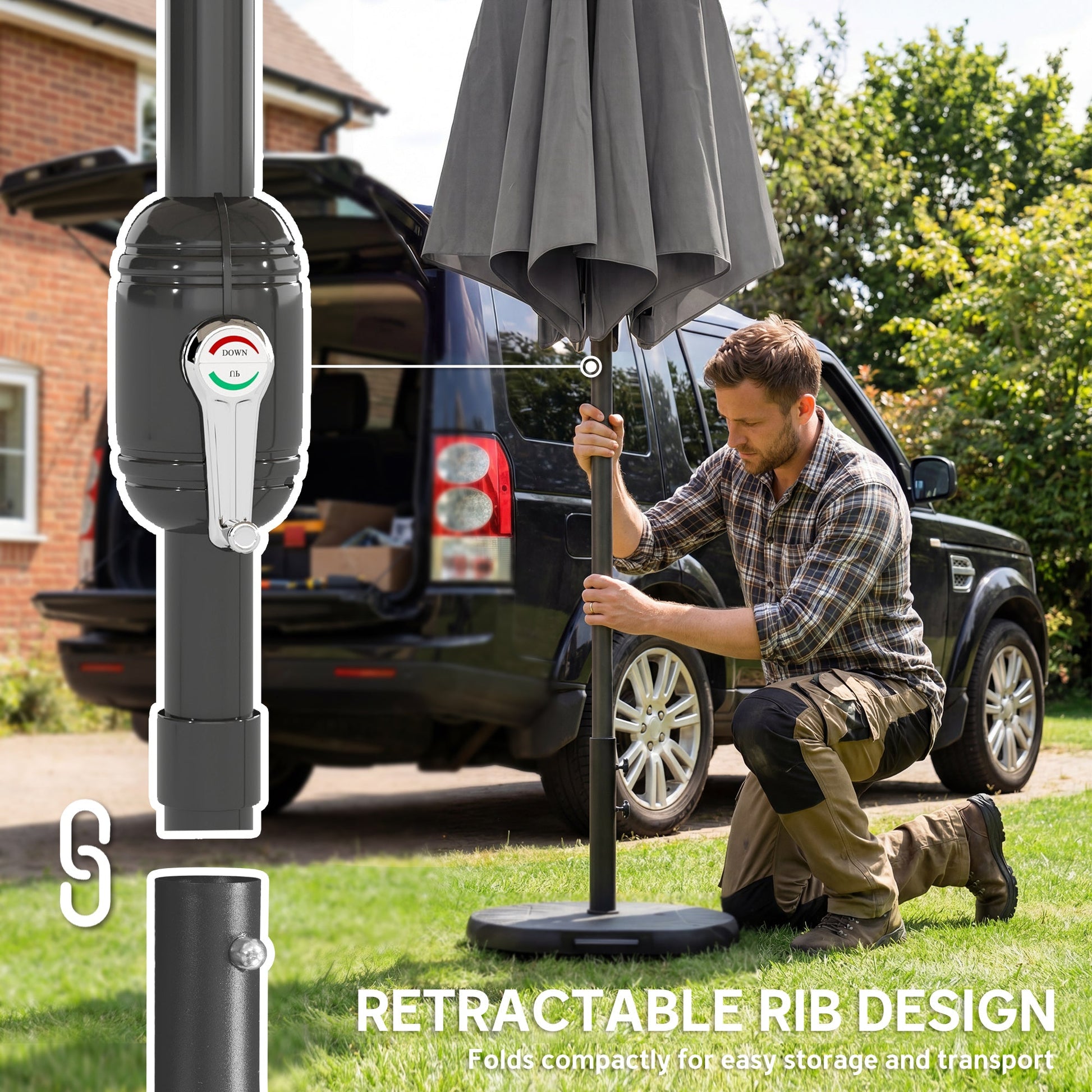 2.7 m Garden Parasol Umbrella with Cross Base and Sandbag, Retractable Ribs, Outdoor Table Market Patio Umbrella Sun Shade with 30 Degree Tilt and Crank, Vent, Light Grey