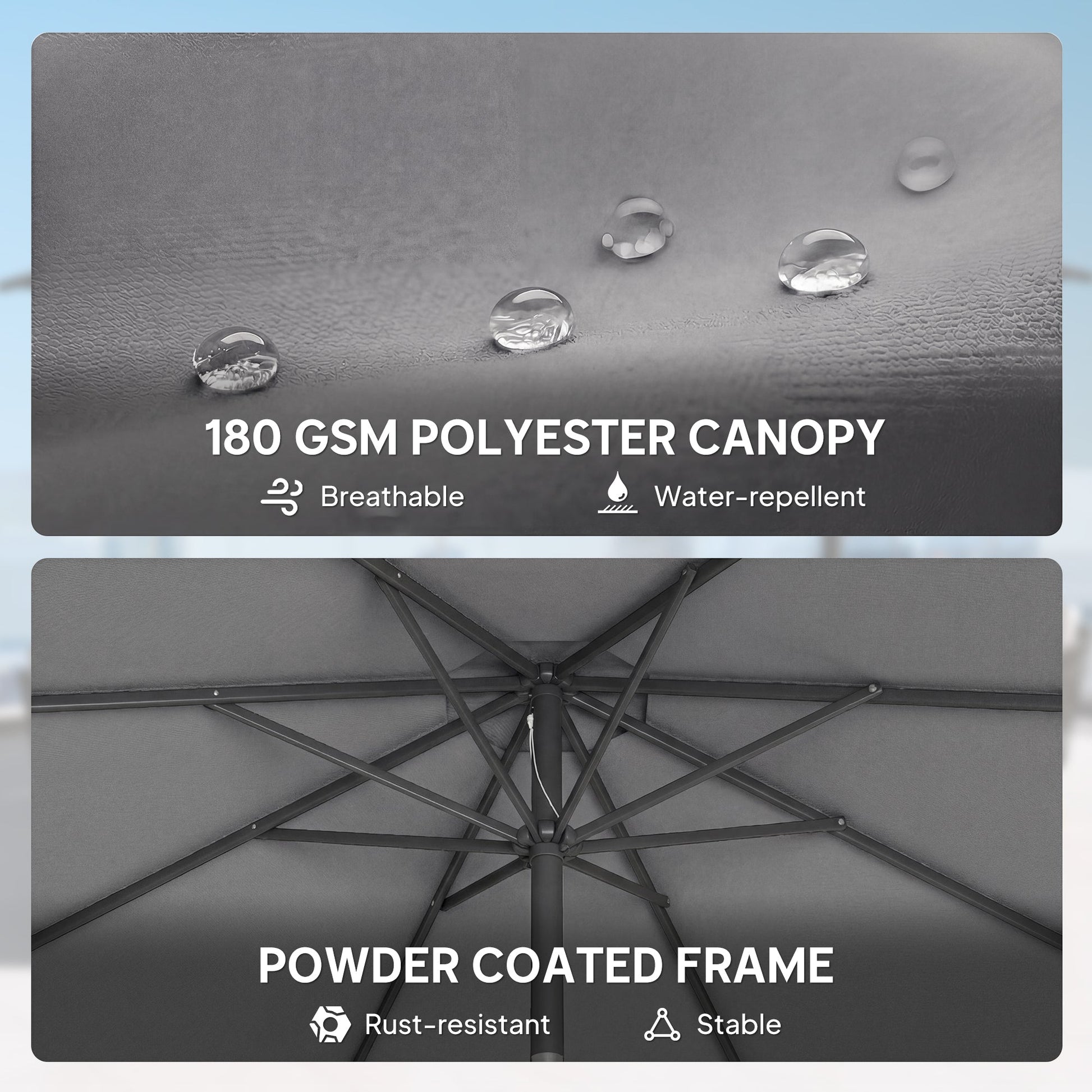 2.7 m Garden Parasol Umbrella with Cross Base and Sandbag, Retractable Ribs, Outdoor Table Market Patio Umbrella Sun Shade with 30 Degree Tilt and Crank, Vent, Light Grey