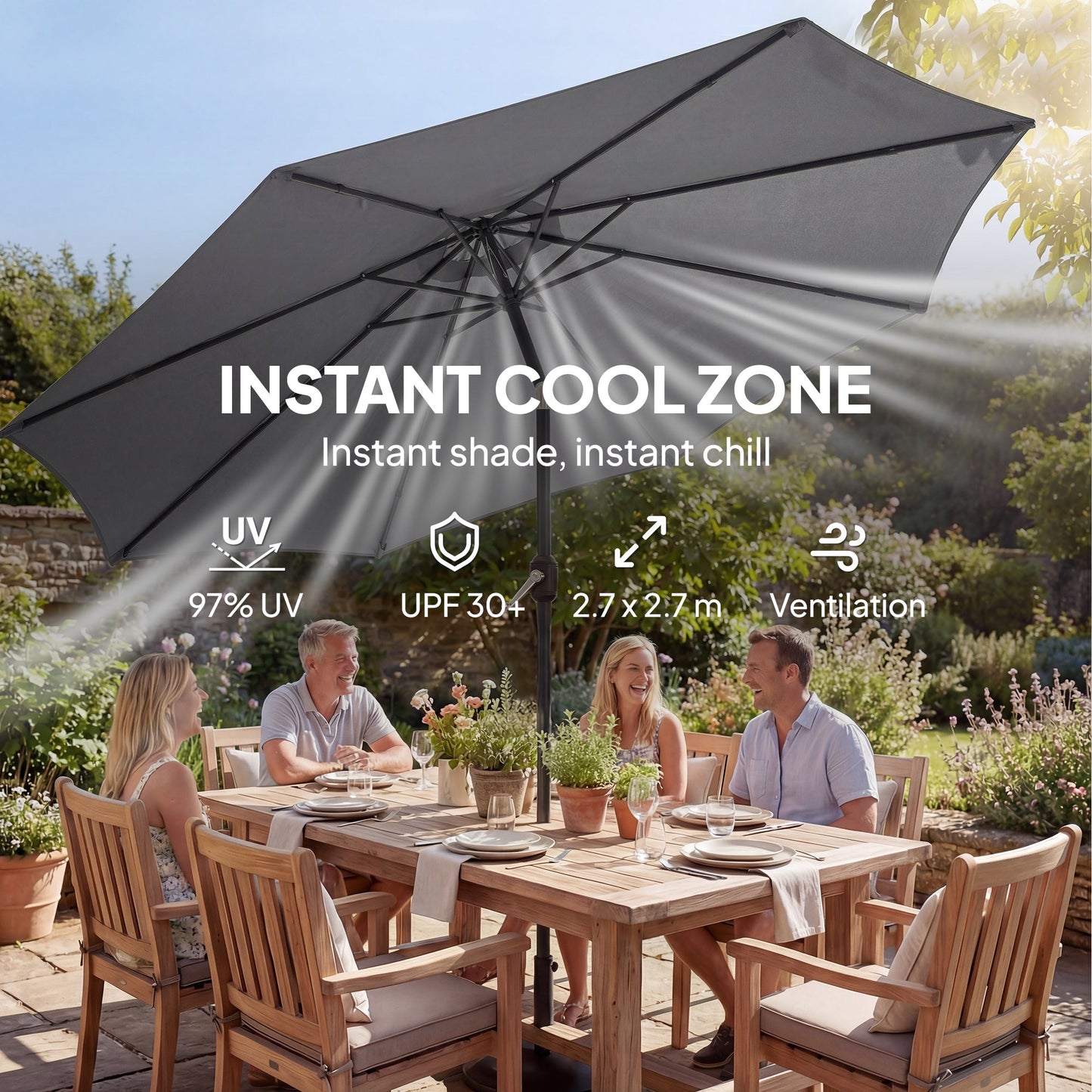 2.7 m Garden Parasol Umbrella with Cross Base and Sandbag, Retractable Ribs, Outdoor Table Market Patio Umbrella Sun Shade with 30 Degree Tilt and Crank, Vent, Light Grey