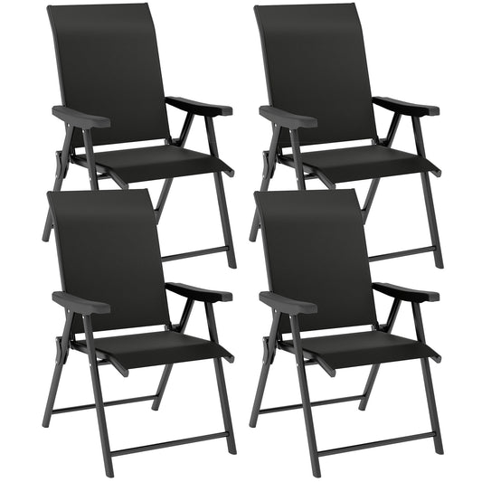 Set of 4 Folding Chair, Garden Chair Set with Breathable Mesh Back and Seat, Outdoor Camping Chairs with Armrests, Steel Frame for Deck Balcony, Black
