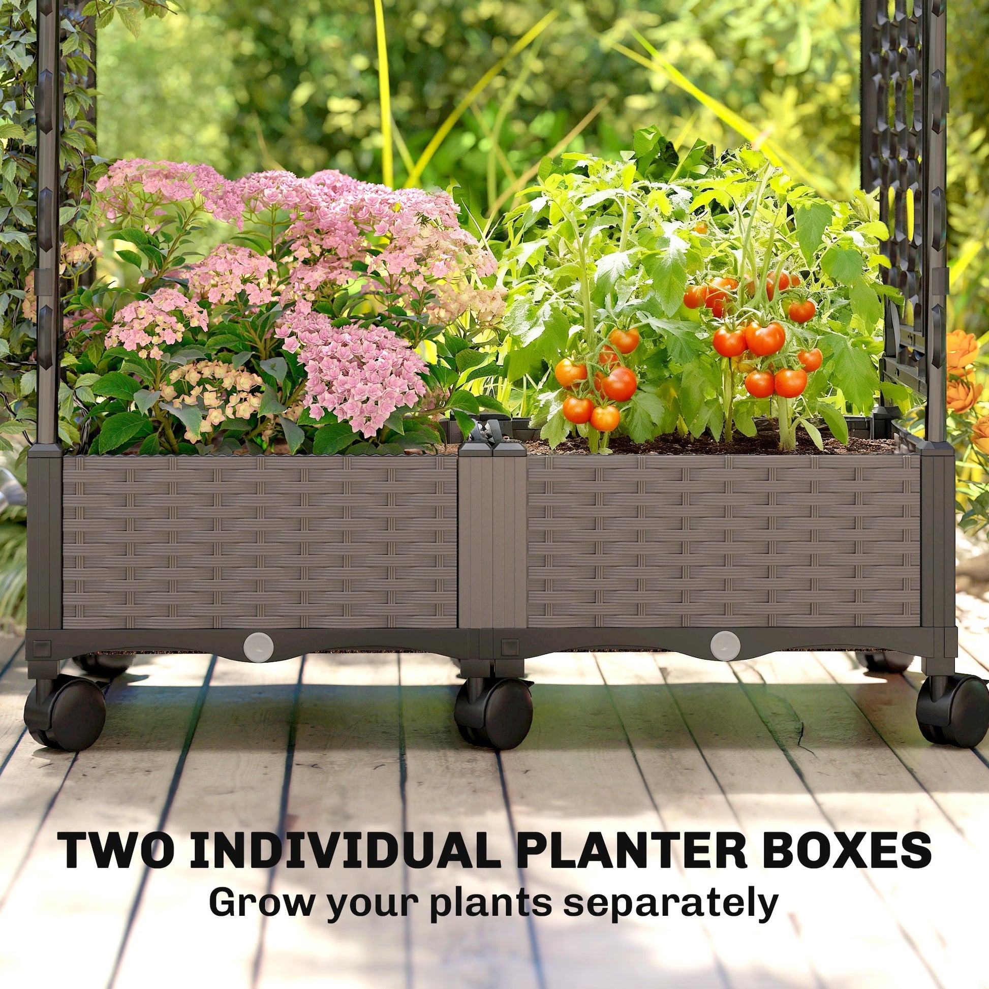 Raised Garden Bed with Arch Trellis, Raised Bed for Garden on Wheels with Side Trellis, Self Watering Outdoor Planter Box with Drainage Holes, Drain Plugs for Climbing Plants, Flowers, Herbs