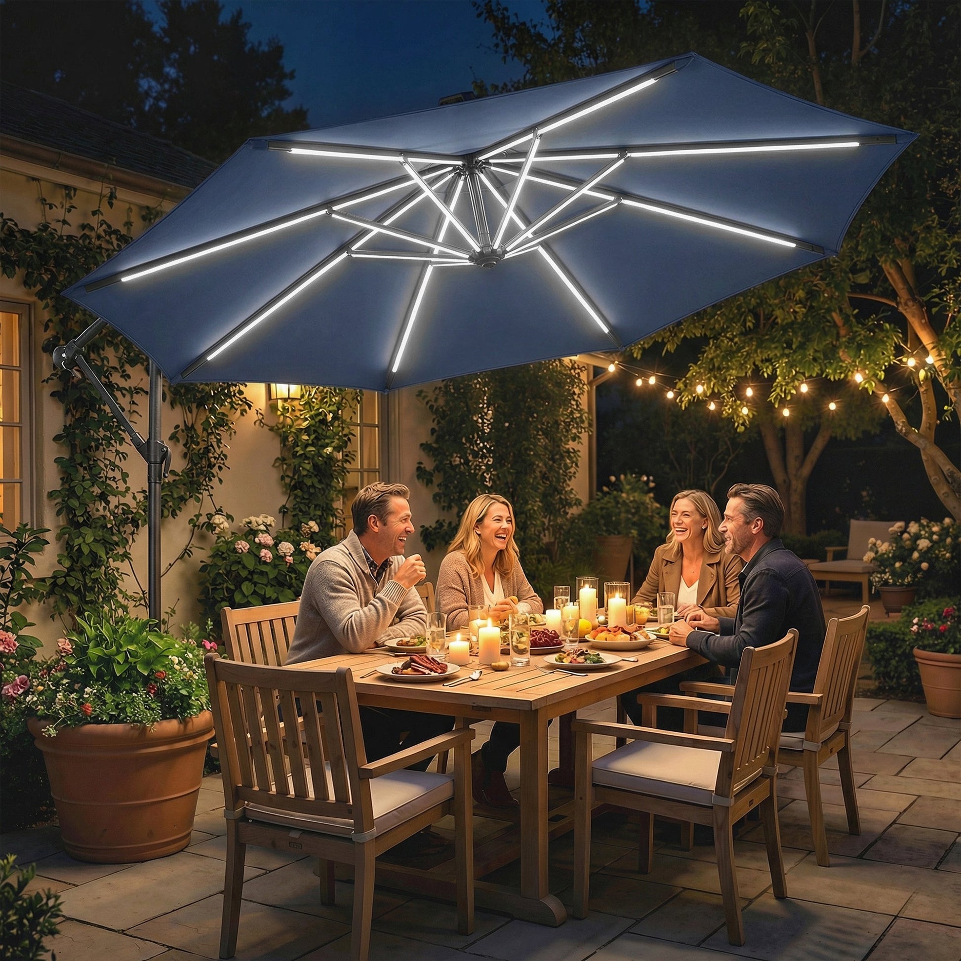 3 m Garden Cantilever Parasol with LED Solar Light, Round Overhanging Umbrella with 6-Position 360° Rotation, Crank Handle, Tilt, Cover, Banana Patio Umbrella for Outdoor Sun Shade, Navy Blue