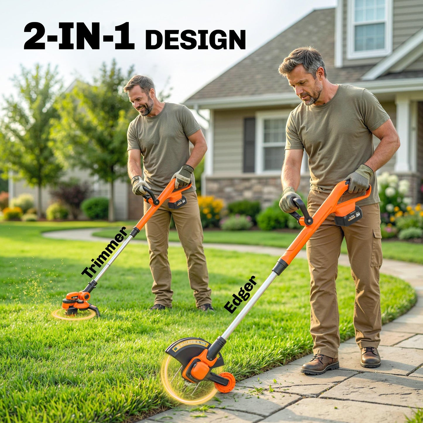 Cordless Strimmer with 2 x 4.0Ah Lithium Batteries & Charger, 2-in-1 Lightweight Cordless Grass Trimmer and Lawn Edger with Adjustable Pole, Head & Handle, 8000 RPM, 25cm Cutting Width