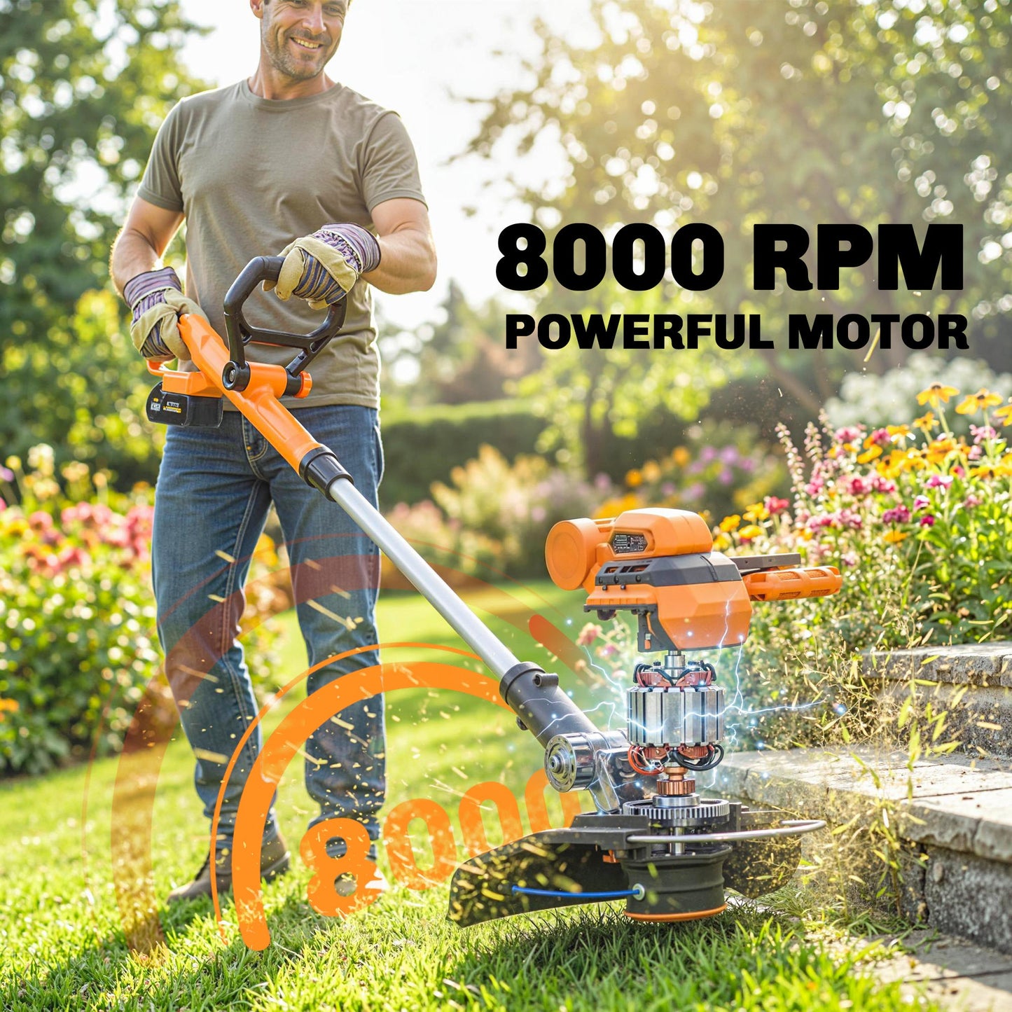 Cordless Strimmer with 2 x 4.0Ah Lithium Batteries & Charger, 2-in-1 Lightweight Cordless Grass Trimmer and Lawn Edger with Adjustable Pole, Head & Handle, 8000 RPM, 25cm Cutting Width