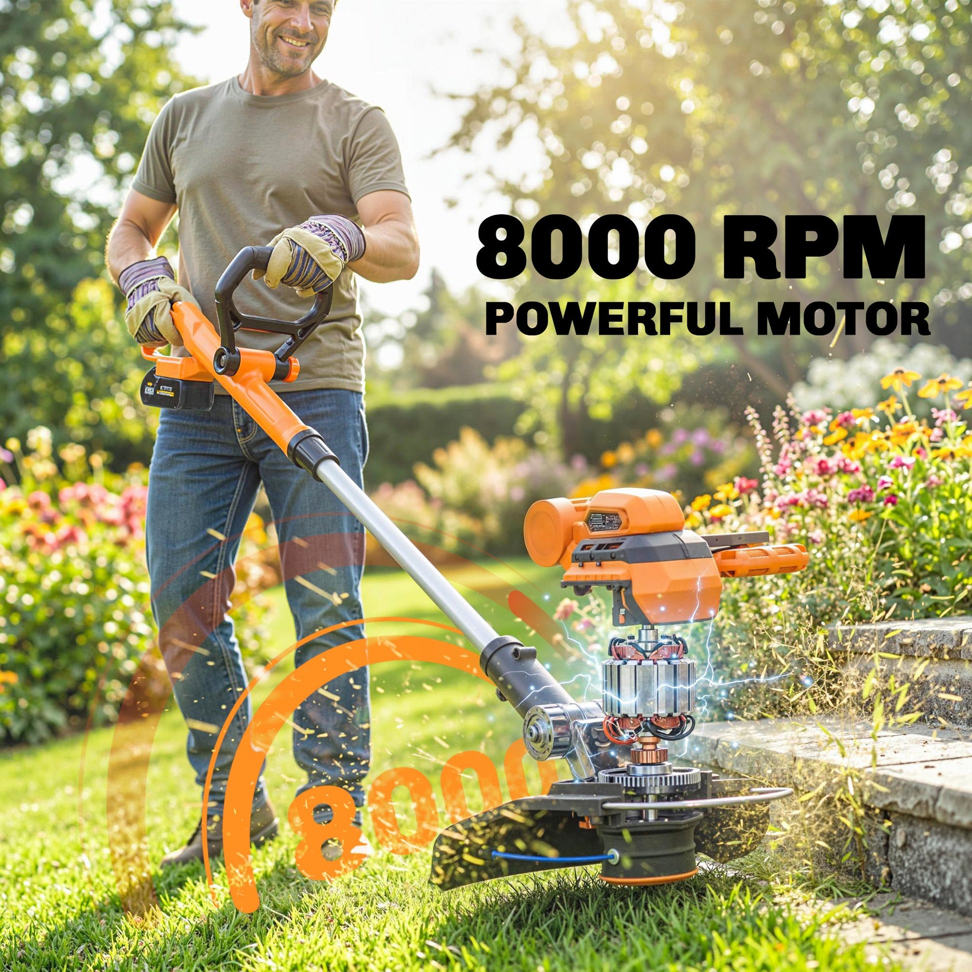 Cordless Strimmer with 2 x 4.0Ah Lithium Batteries & Charger, 2-in-1 Lightweight Cordless Grass Trimmer and Lawn Edger with Adjustable Pole, Head & Handle, 8000 RPM, 25cm Cutting Width