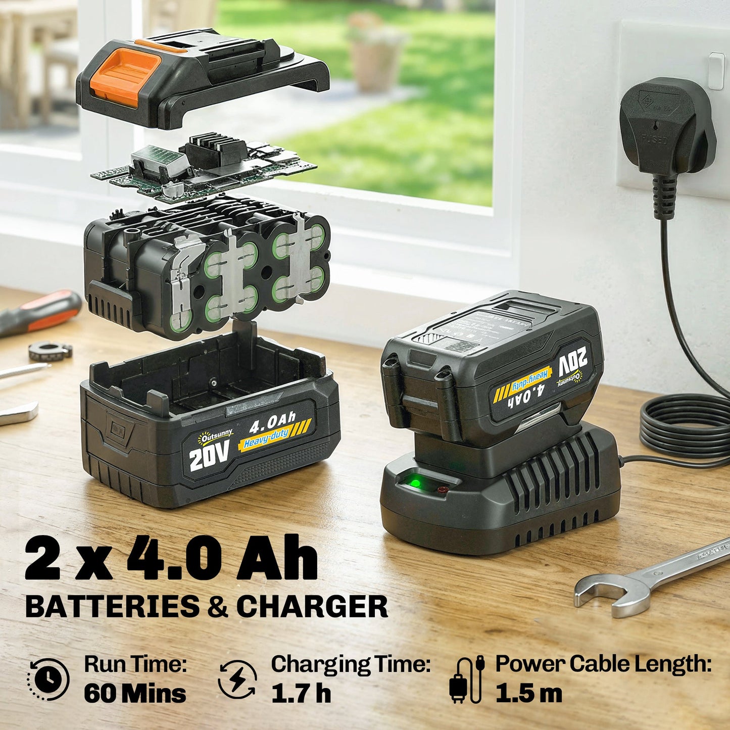 Cordless Strimmer with 2 x 4.0Ah Lithium Batteries & Charger, 2-in-1 Lightweight Cordless Grass Trimmer and Lawn Edger with Adjustable Pole, Head & Handle, 8000 RPM, 25cm Cutting Width