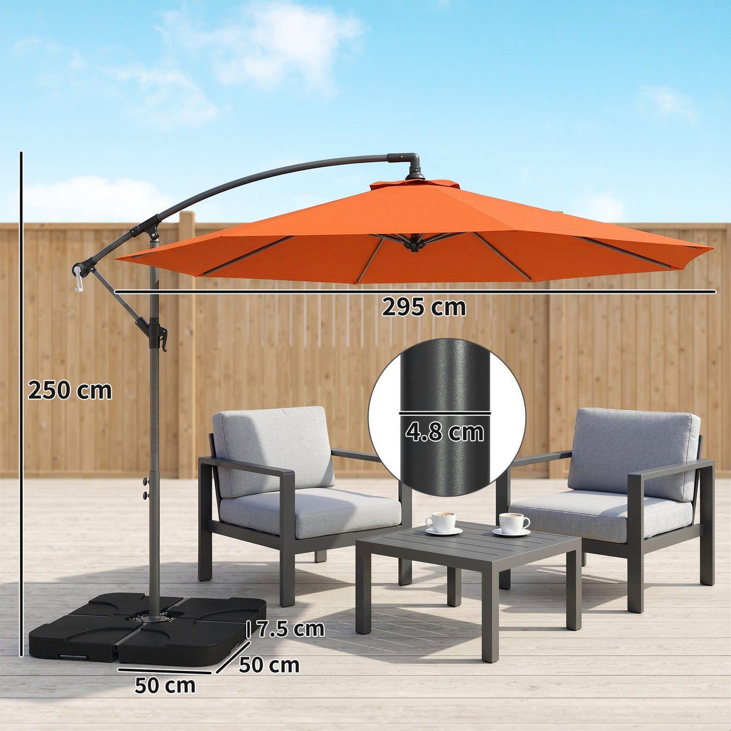 3 m Cantilever Parasol with Umbrella Weights, Cross Base, Offset Outdoor Umbrella with Protective Cover, Crank Handle, Hanging Sun Shade, Orange