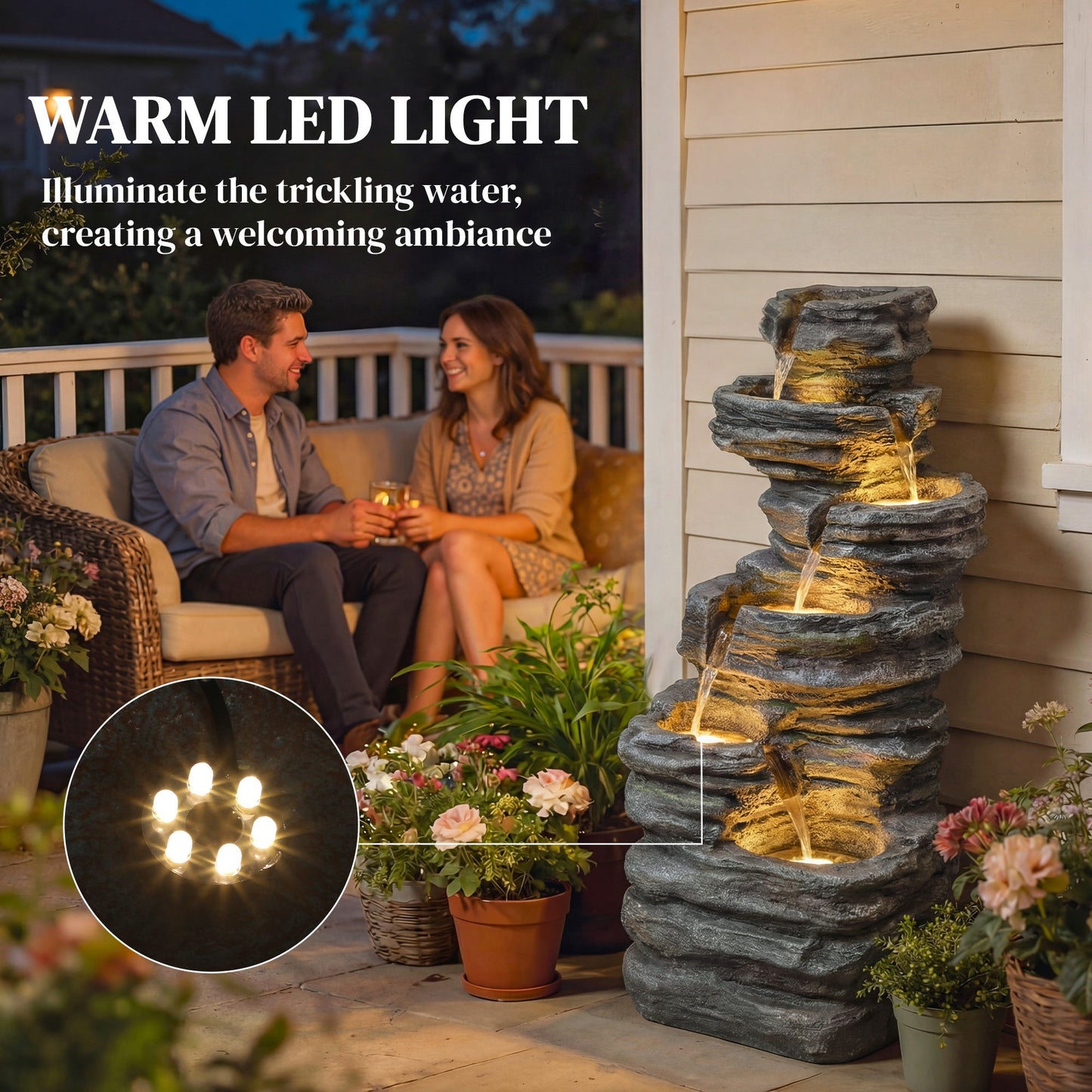 Outdoor Fountain with 6-Tier Rock Design, Cascading Waterfall Feature with LED Lights, Resin Freestanding Garden Fountain for Patio Balcony, Grey