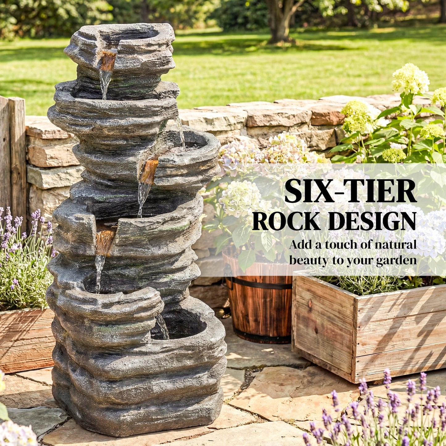 Outdoor Fountain with 6-Tier Rock Design, Cascading Waterfall Feature with LED Lights, Resin Freestanding Garden Fountain for Patio Balcony, Grey