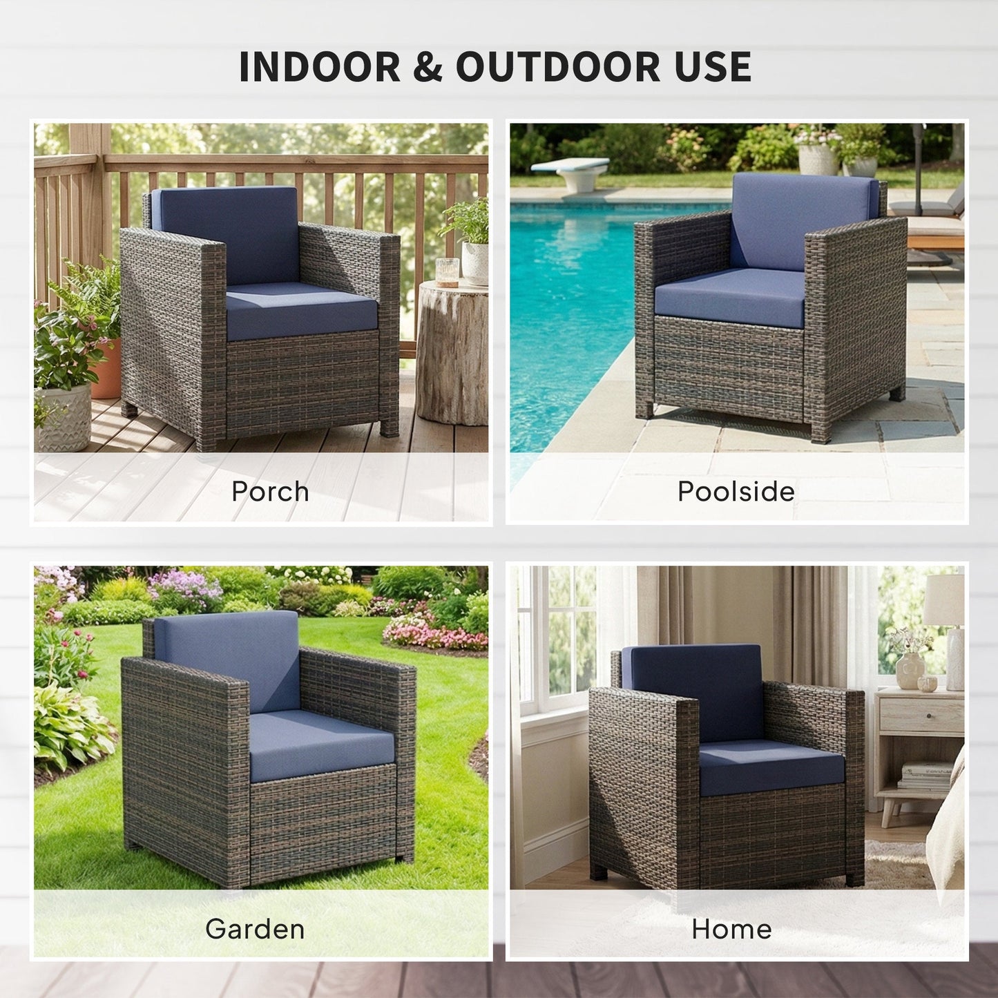 Single Seater Rattan Chair, PE Wicker Garden Armchair with 10 cm Thickened Cushion, All-Weather Rattan Garden Chair with Armrests, Mixed Brown/Navy Blue