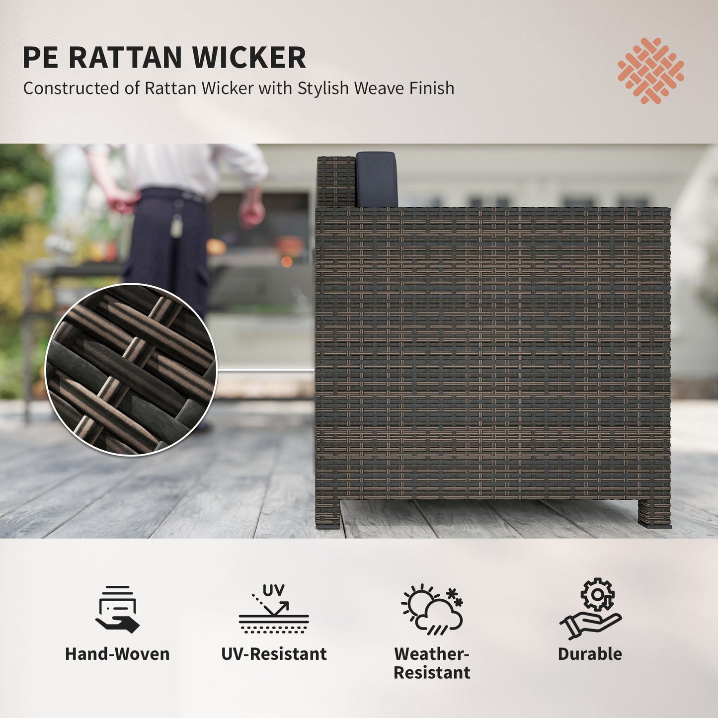 Single Seater Rattan Chair, PE Wicker Garden Armchair with 10 cm Thickened Cushion, All-Weather Rattan Garden Chair with Armrests, Mixed Brown/Navy Blue