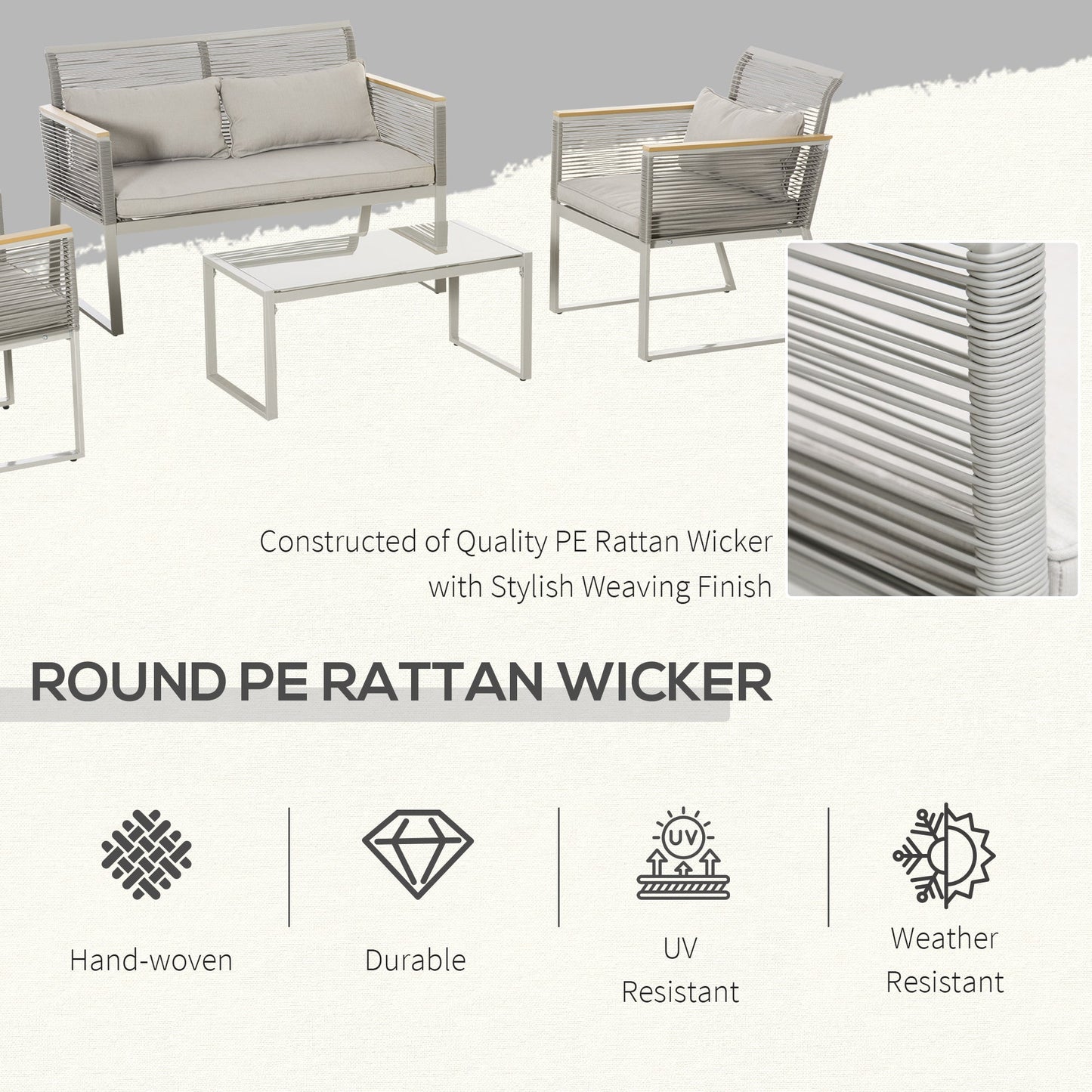 4 Pieces Rattan Garden Furniture Set, Metal Frame Outdoor Furniture Sofa Set with Cushions, Pillows & Tempered Glass Top Table, Wicker Garden Sofa for Conservatory, Patio, Grey