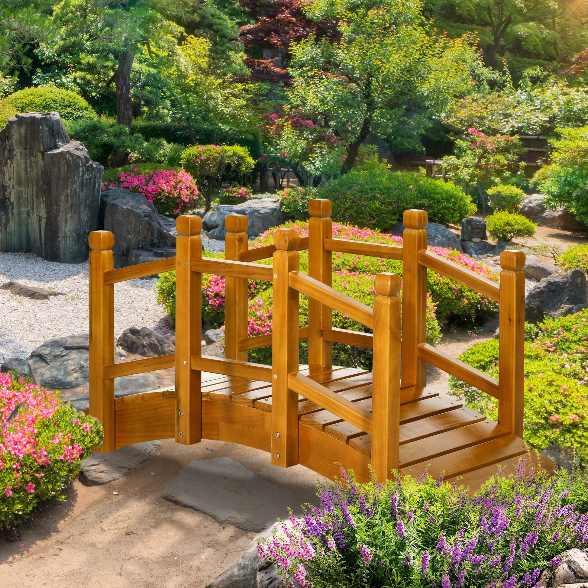 Wooden Garden Bridge with Safety Railings, Arc Footbridge for Pond Backyard Stream, Brown