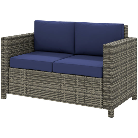 Rattan Sofa, 2 Seater Garden Furniture with Soft Padded Cushion and Armrests, Wicker Garden Loveseat for Patio, Navy Blue