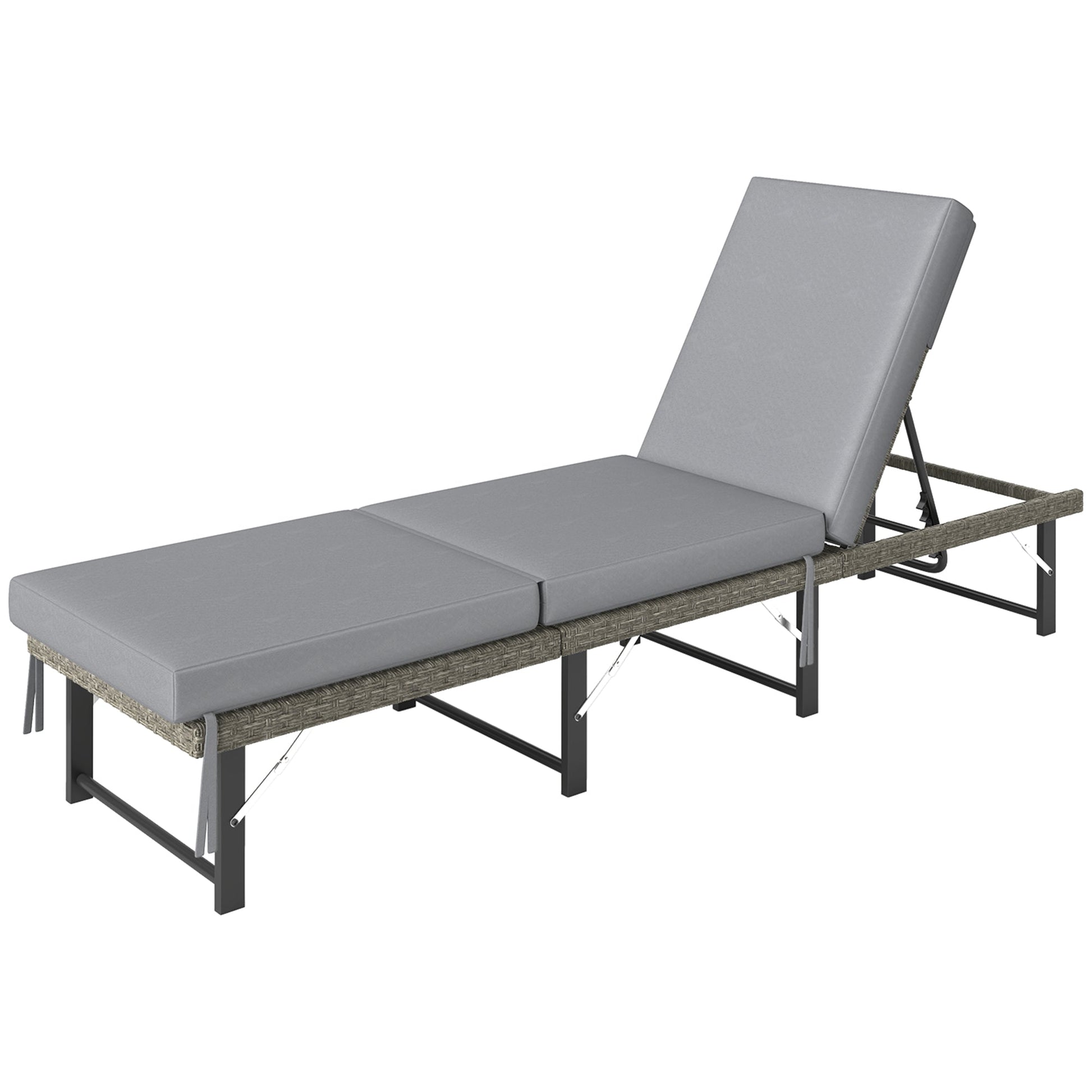 Folding Rattan Sun Lounger, 6-Level Adjustable Garden Lounger Recliner with Cushion, Outdoor Reclining Sunbed, Garden Chair with Steel Frame for Patio, Beach, Terrace, Grey