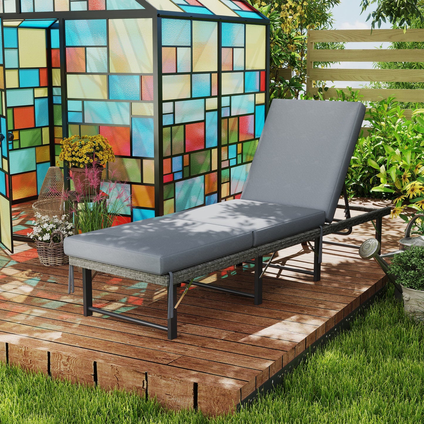 Folding Rattan Sun Lounger, 6-Level Adjustable Garden Lounger Recliner with Cushion, Outdoor Reclining Sunbed, Garden Chair with Steel Frame for Patio, Beach, Terrace, Grey