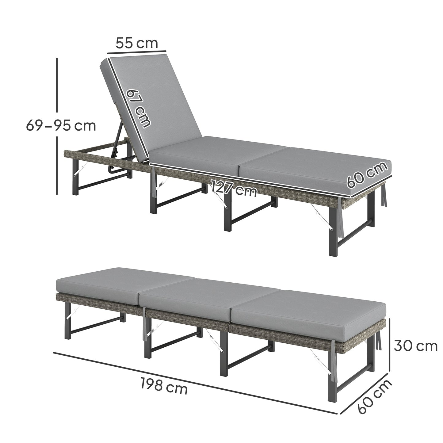 Folding Rattan Sun Lounger, 6-Level Adjustable Garden Lounger Recliner with Cushion, Outdoor Reclining Sunbed, Garden Chair with Steel Frame for Patio, Beach, Terrace, Grey