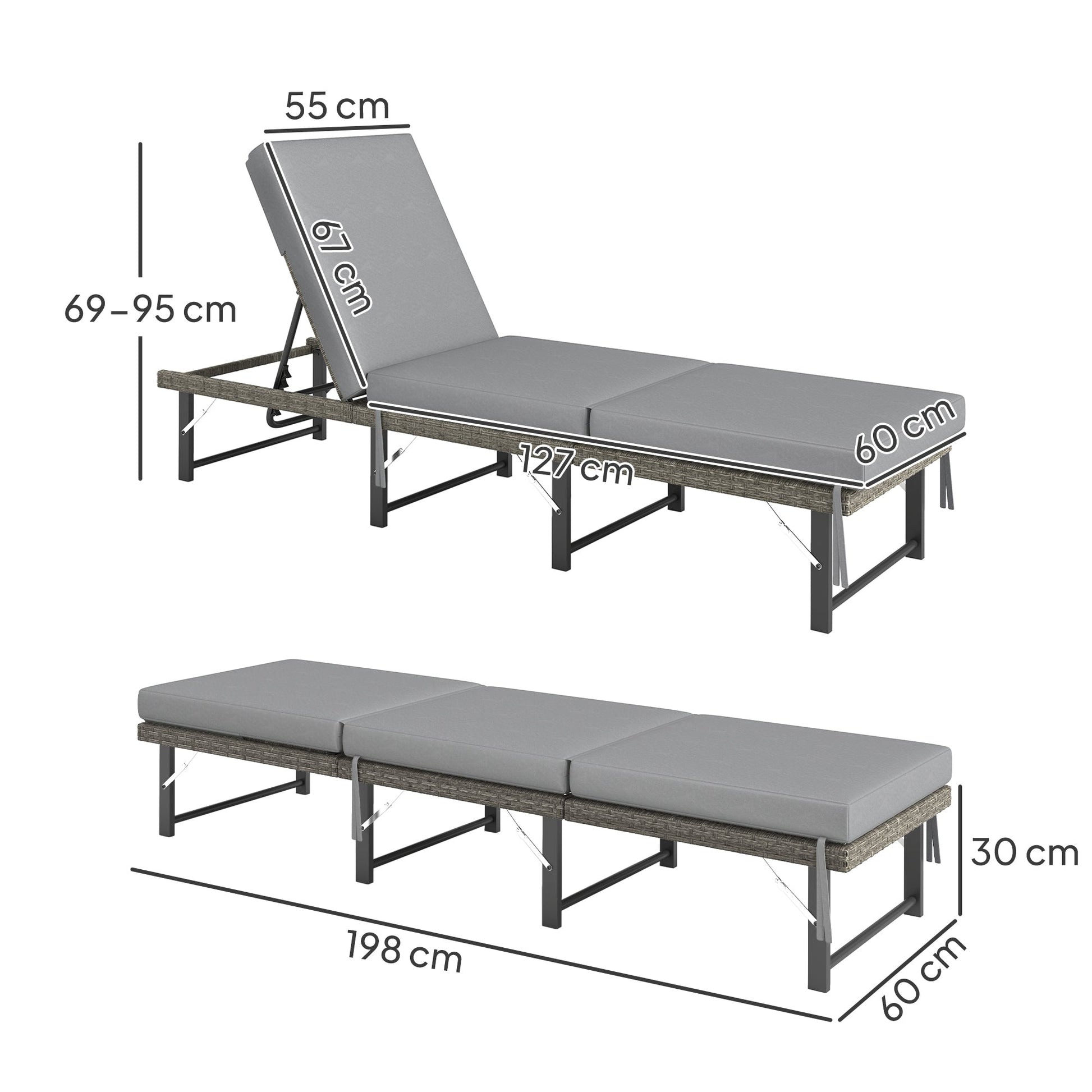 Folding Rattan Sun Lounger, 6-Level Adjustable Garden Lounger Recliner with Cushion, Outdoor Reclining Sunbed, Garden Chair with Steel Frame for Patio, Beach, Terrace, Grey